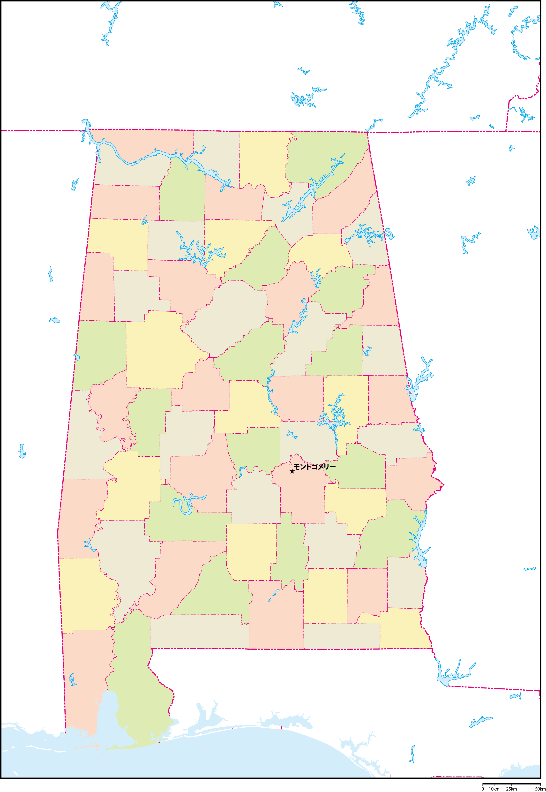 アラバマ州郡色分け地図州都あり(日本語)フリーデータの画像