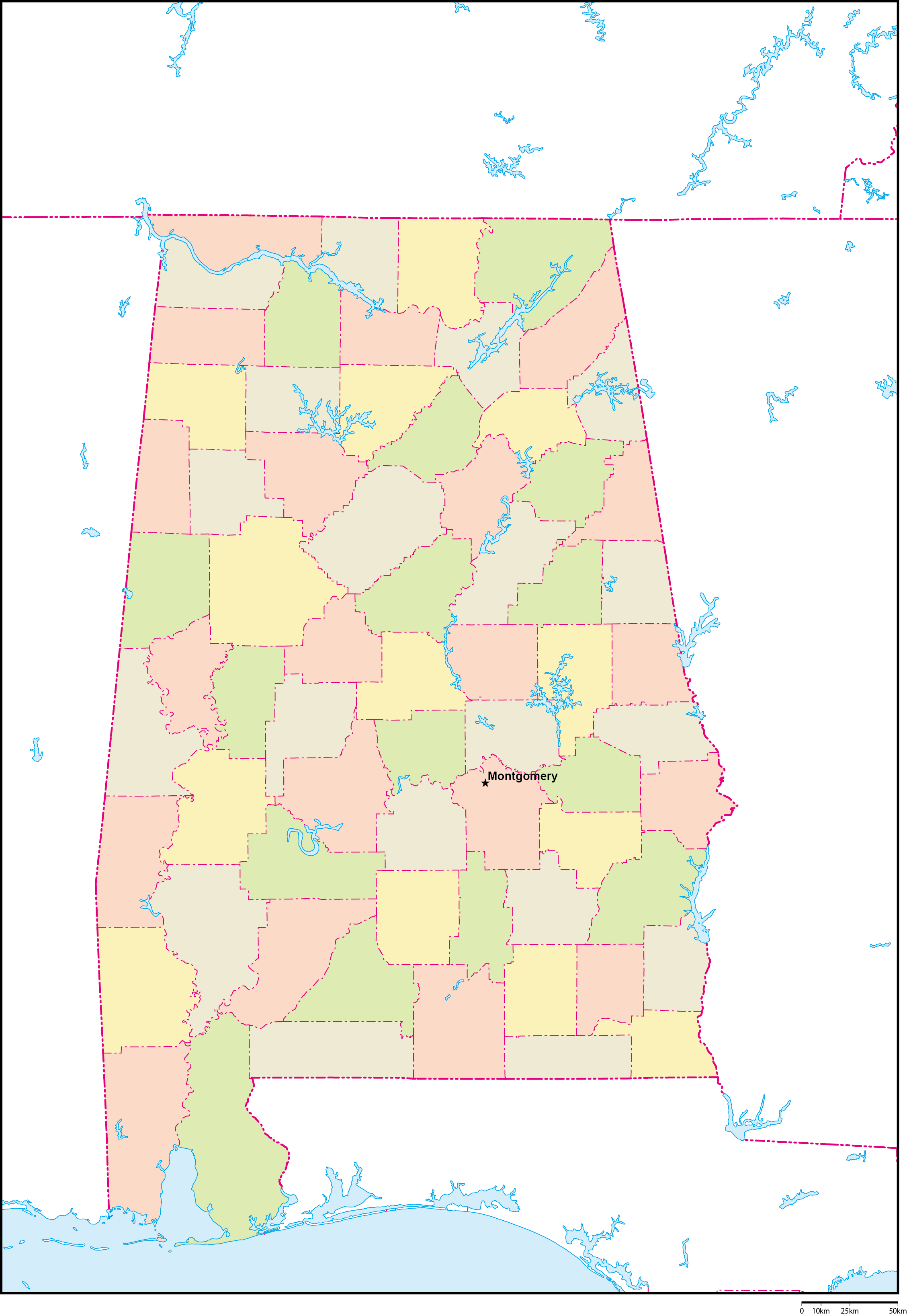 アラバマ州郡色分け地図州都あり(英語)フリーデータの画像