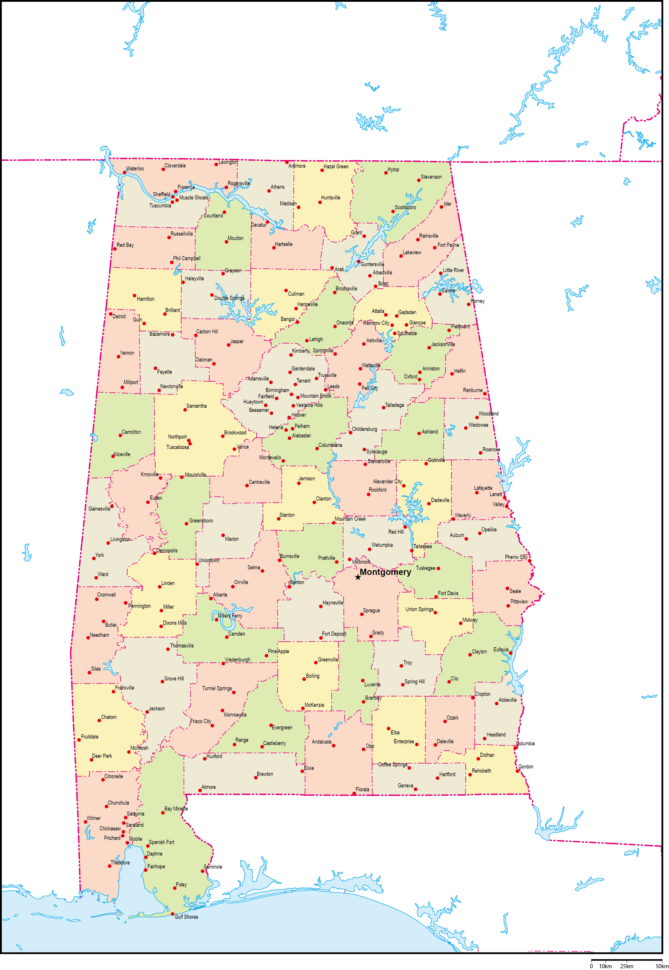 アラバマ州郡色分け地図州都・主な都市あり(英語)フリーデータの画像