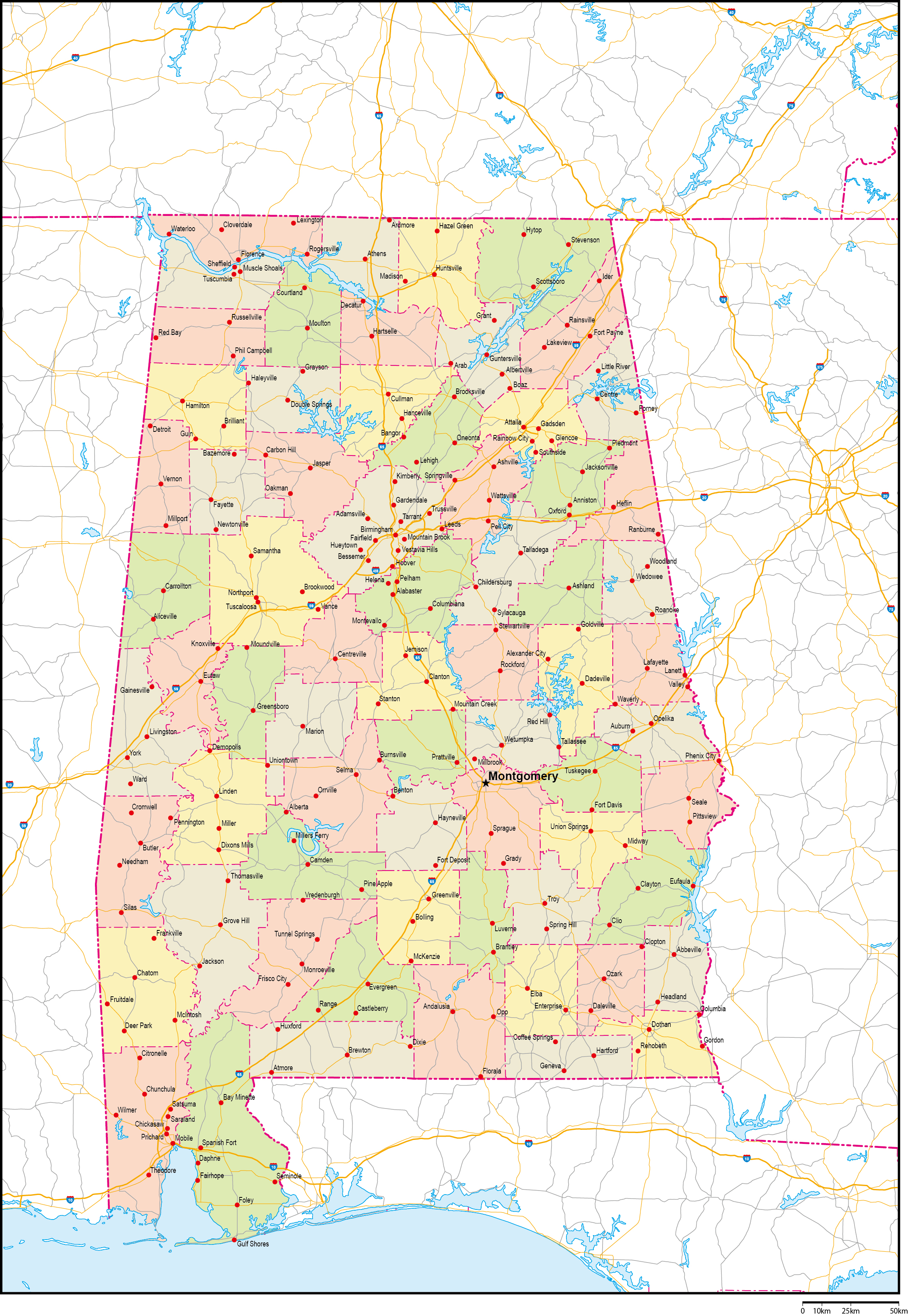 アラバマ州郡色分け地図州都・主な都市・道路あり(英語)フリーデータの画像
