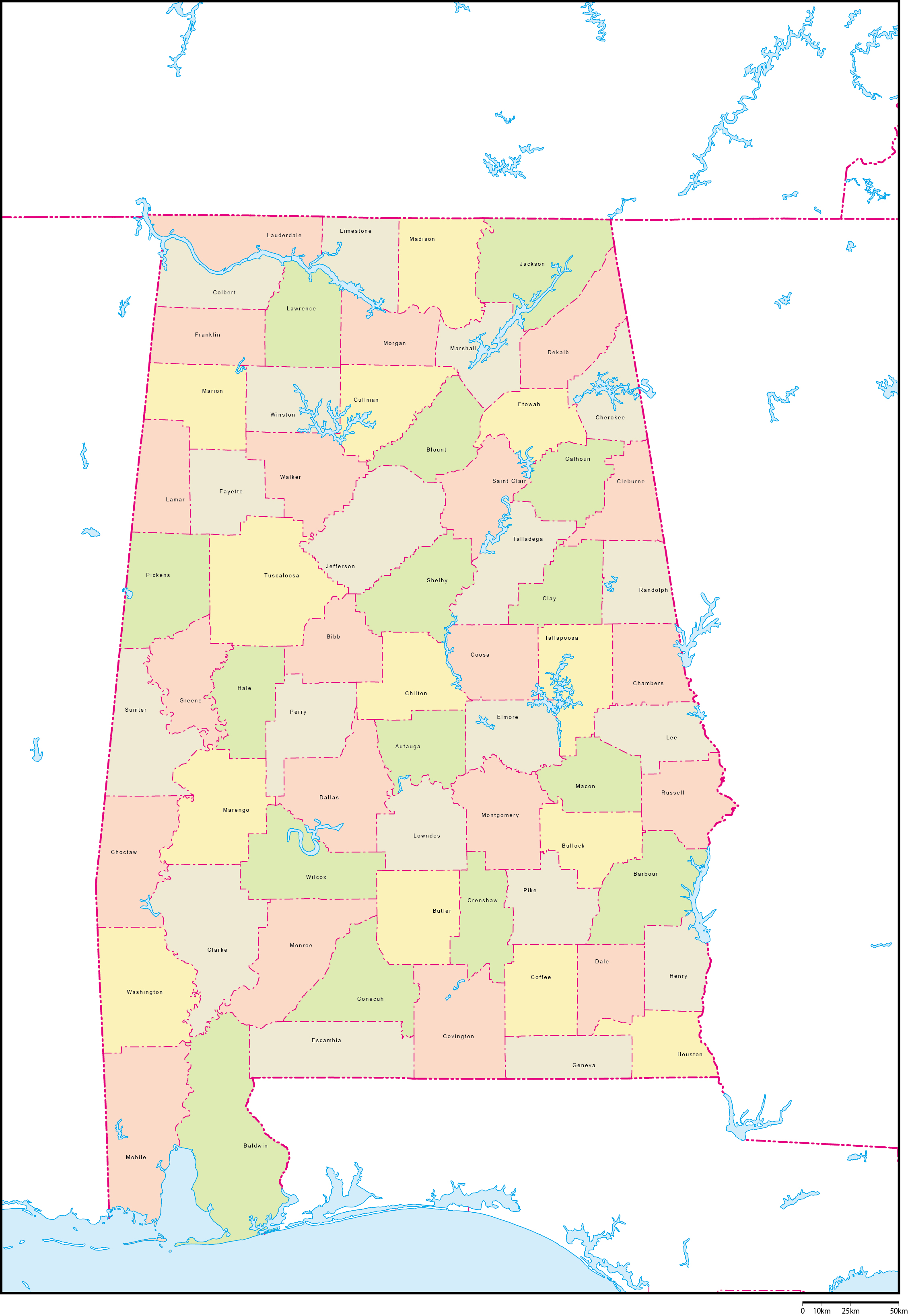 アラバマ州郡色分け地図郡名あり(英語)フリーデータの画像