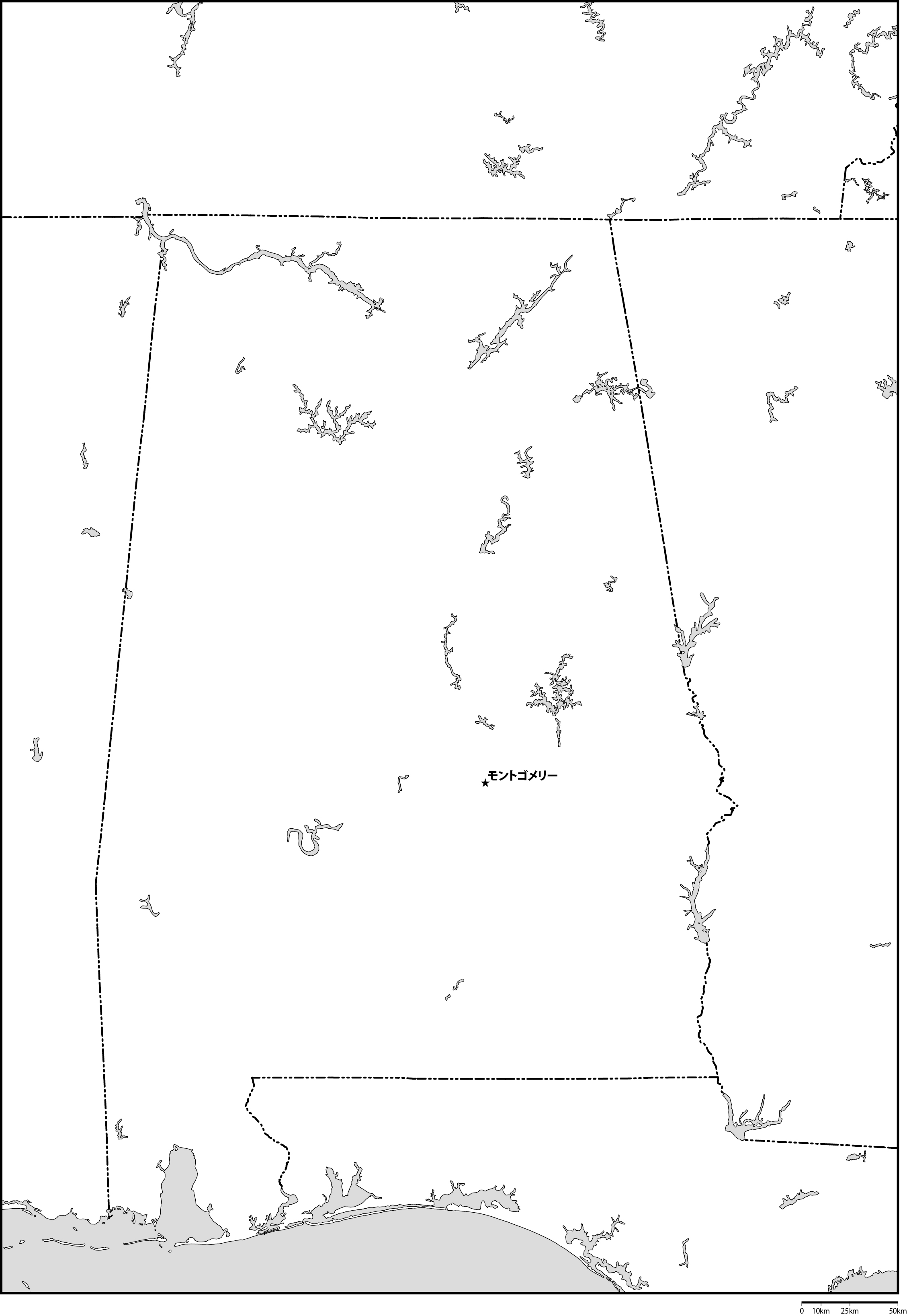 アラバマ州白地図州都あり(日本語)フリーデータの画像