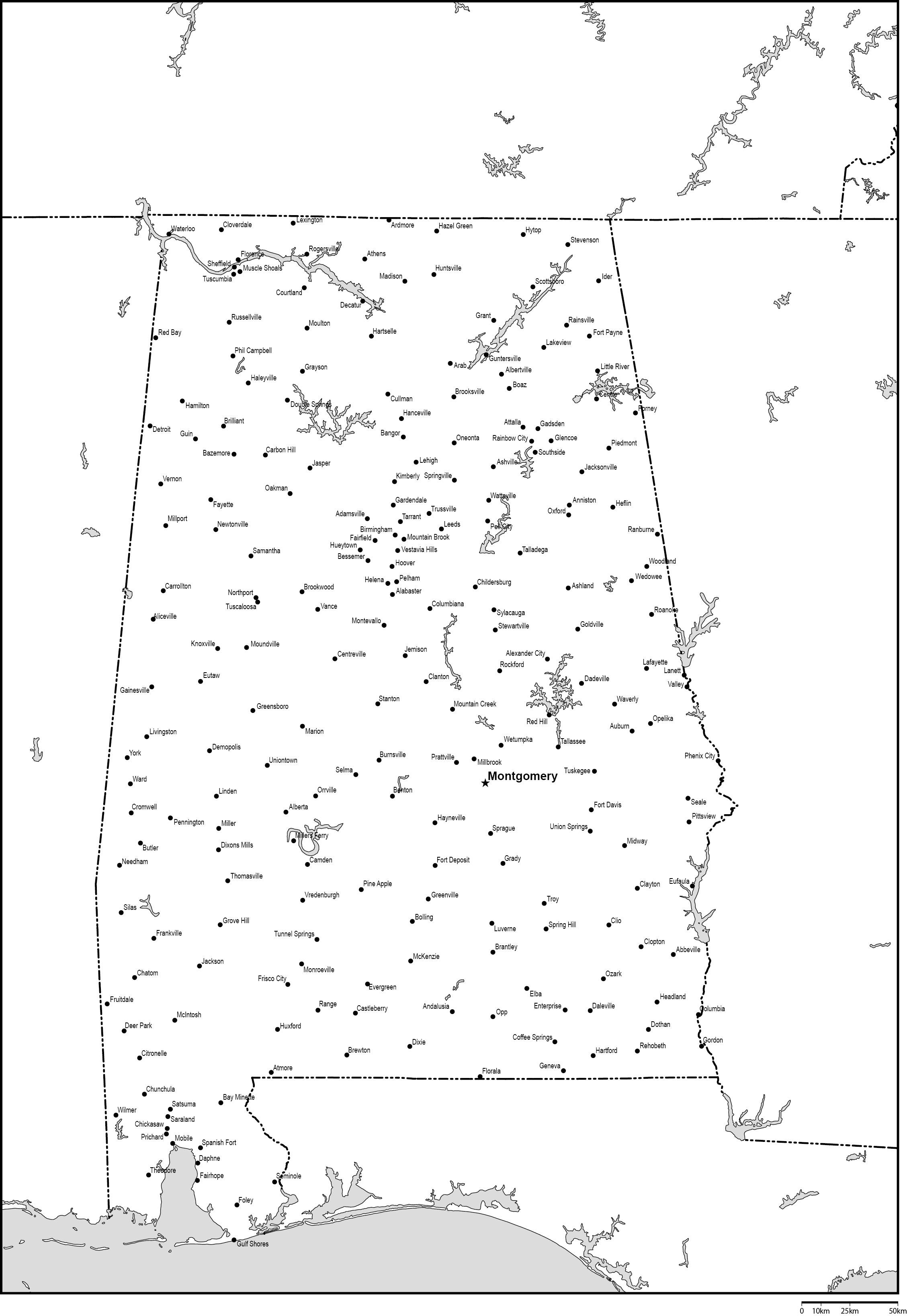 アラバマ州白地図州都・主な都市あり(英語)フリーデータの画像