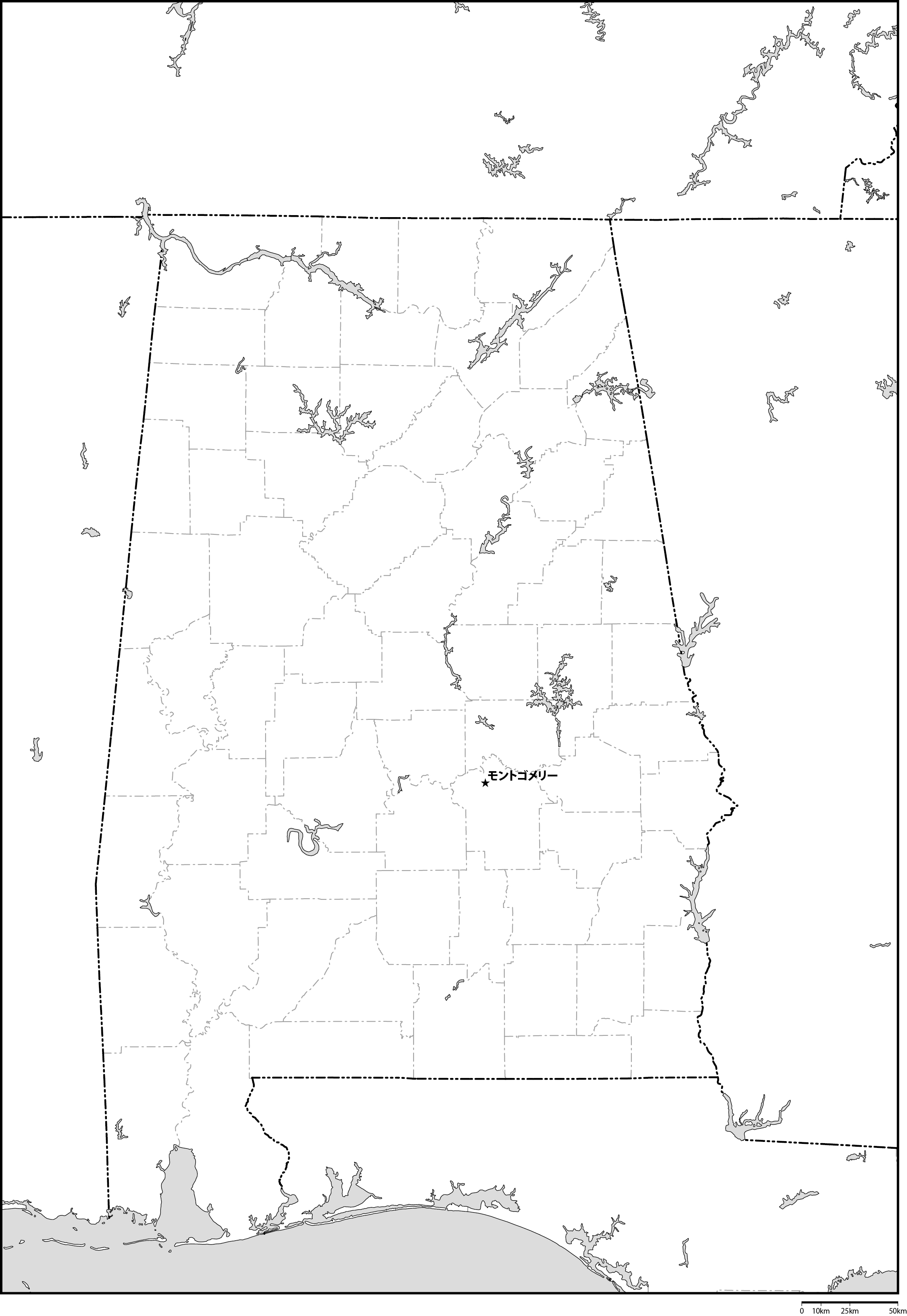 アラバマ州郡分け白地図州都あり(日本語)フリーデータの画像