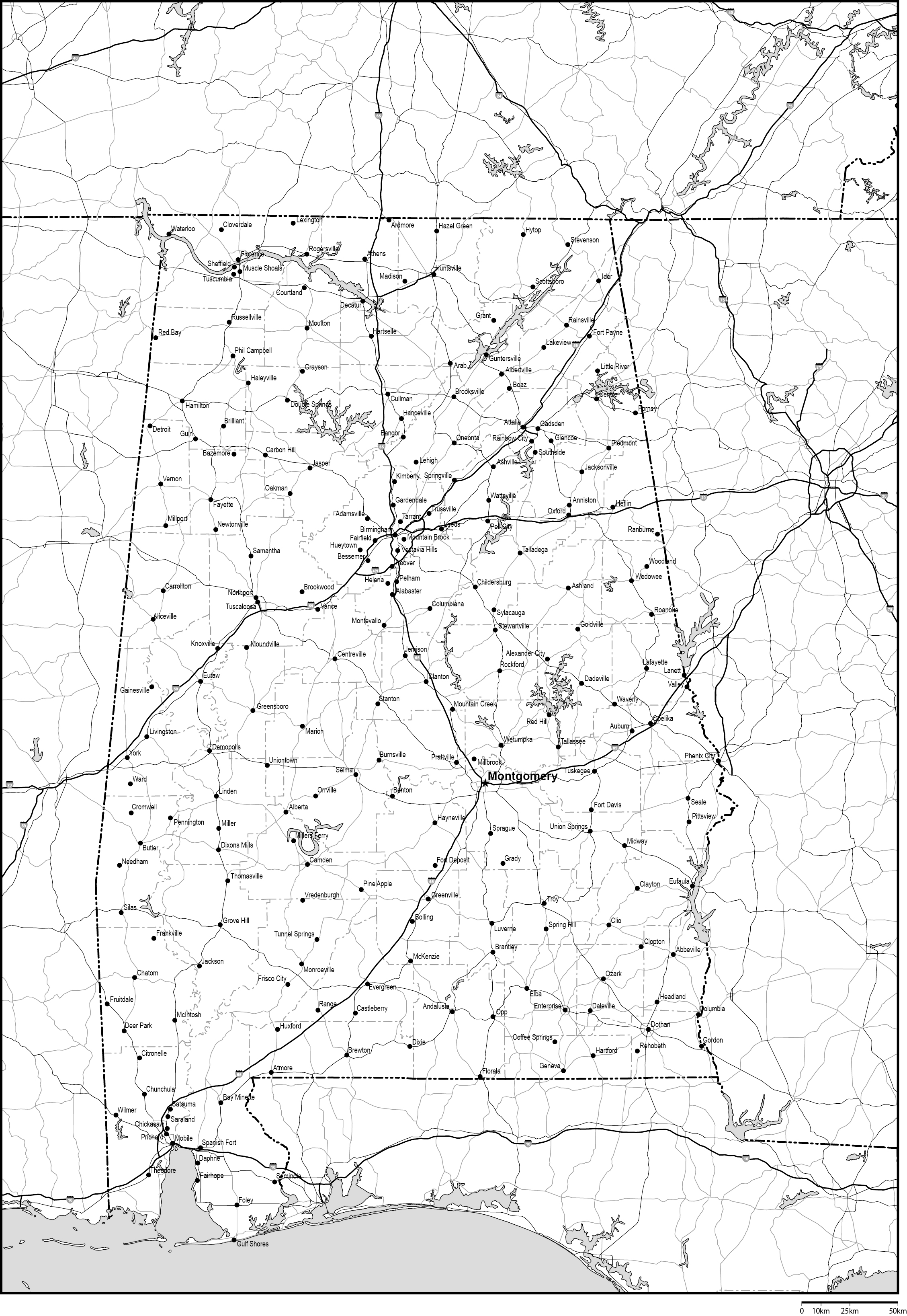 アラバマ州郡分け白地図州都・主な都市・道路あり(英語)フリーデータの画像