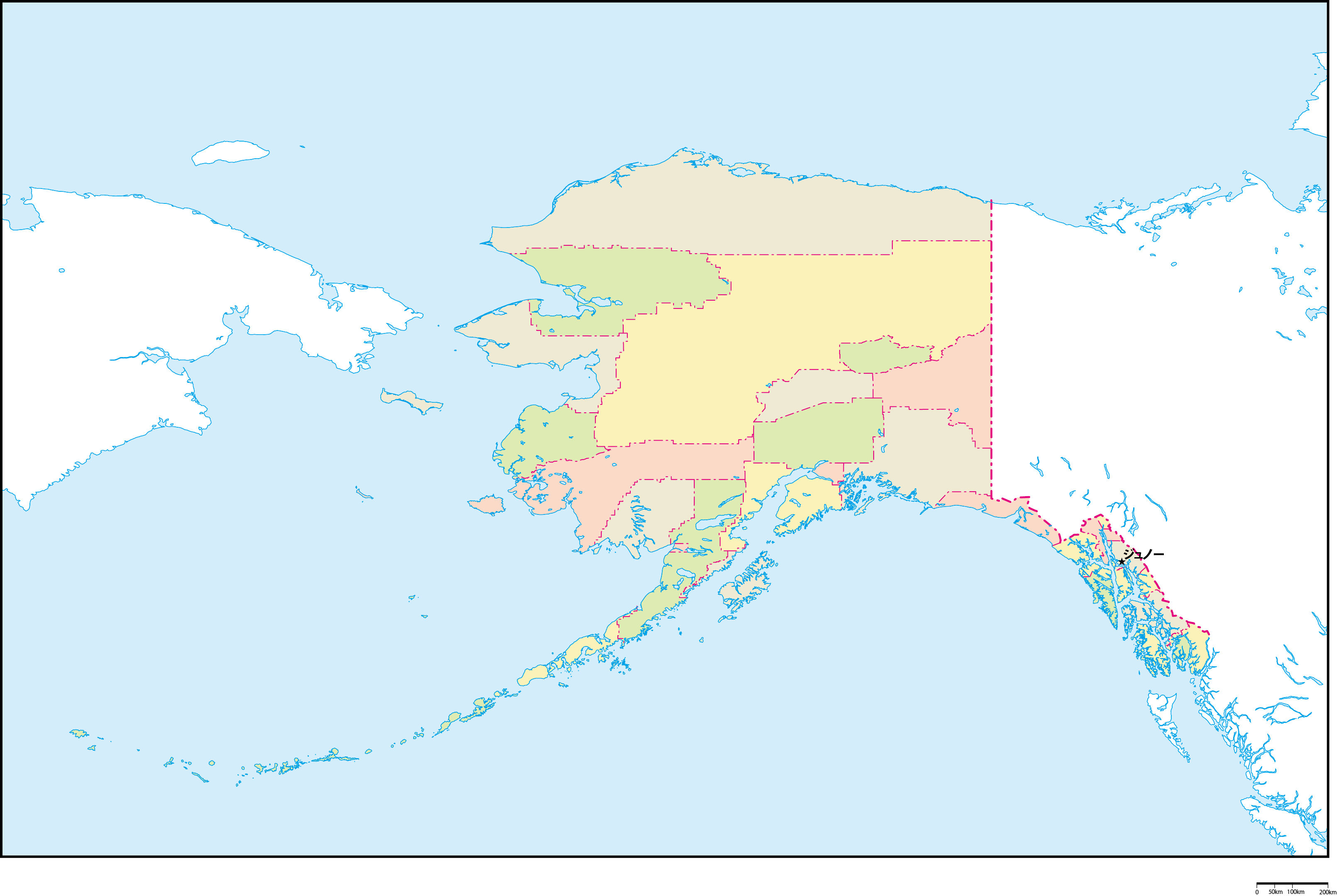 アラスカ州郡色分け地図州都あり(日本語)フリーデータの画像