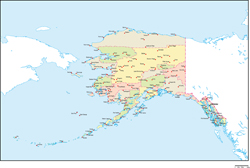 アラスカ州郡色分け地図州都・主な都市あり(英語)