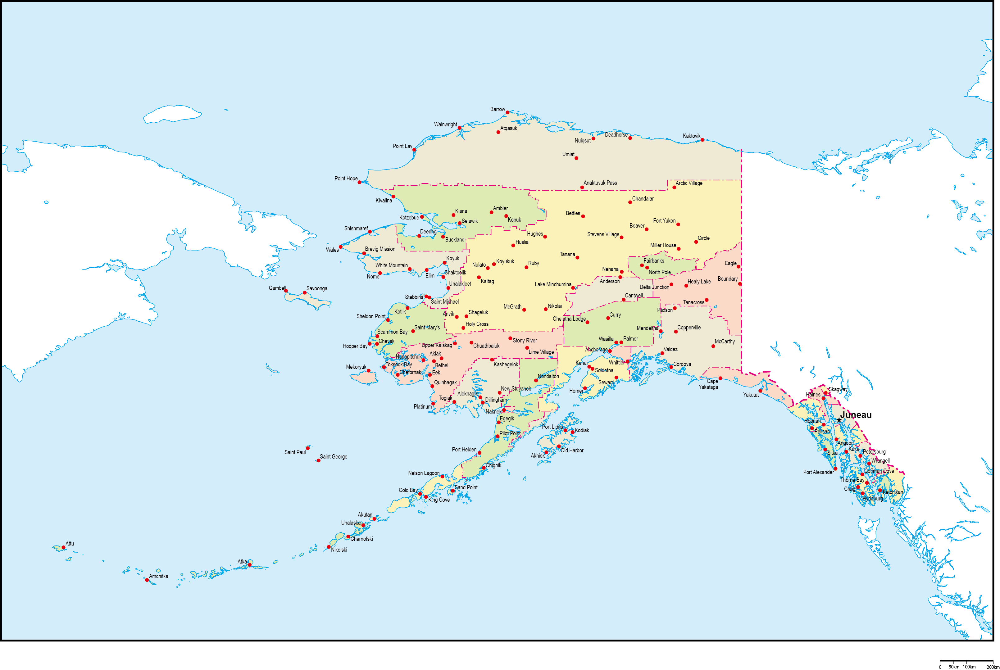 アラスカ州郡色分け地図州都・主な都市あり(英語)フリーデータの画像
