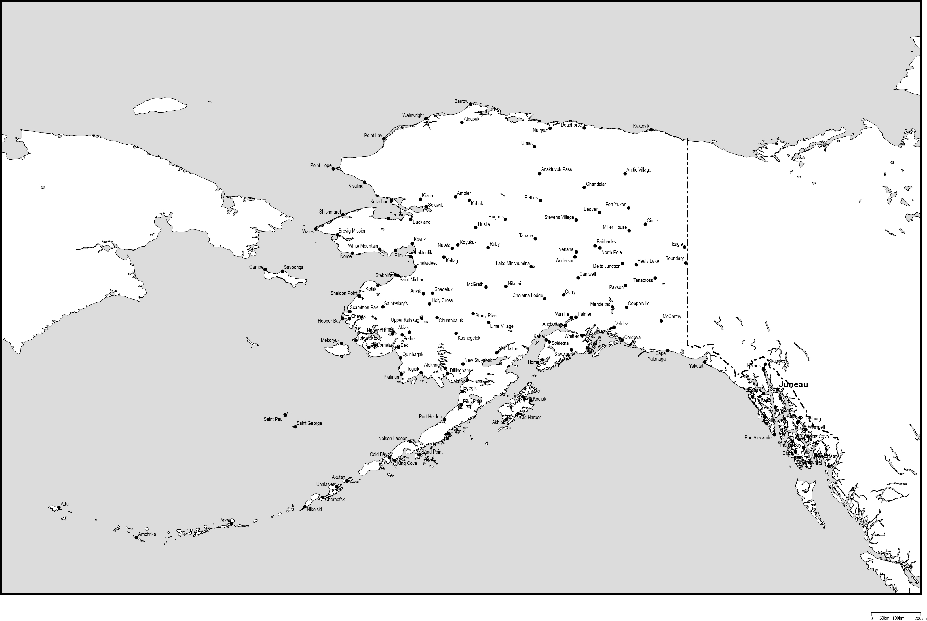 アラスカ州白地図州都・主な都市あり(英語)フリーデータの画像