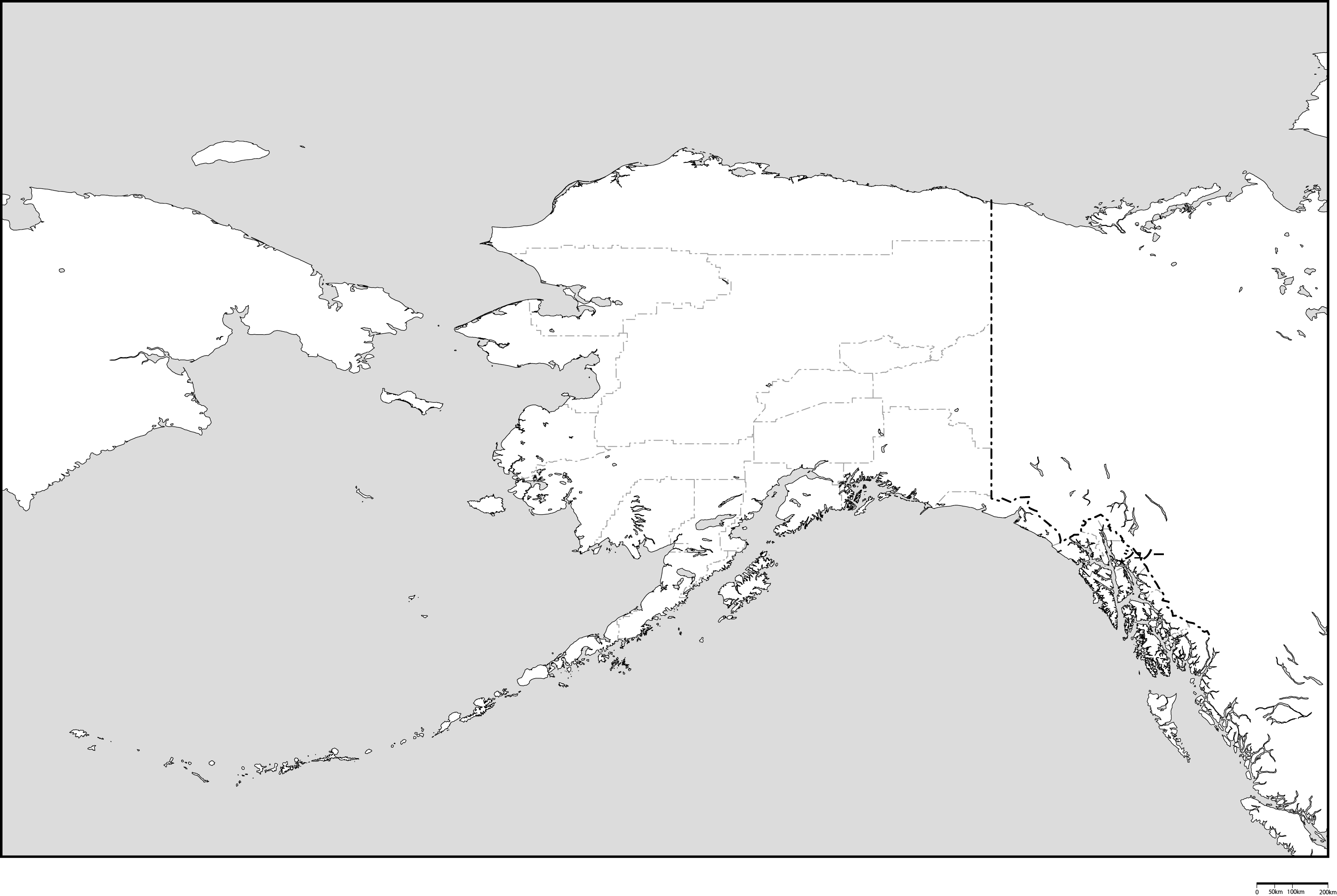 アラスカ州郡分け白地図州都あり(日本語)フリーデータの画像