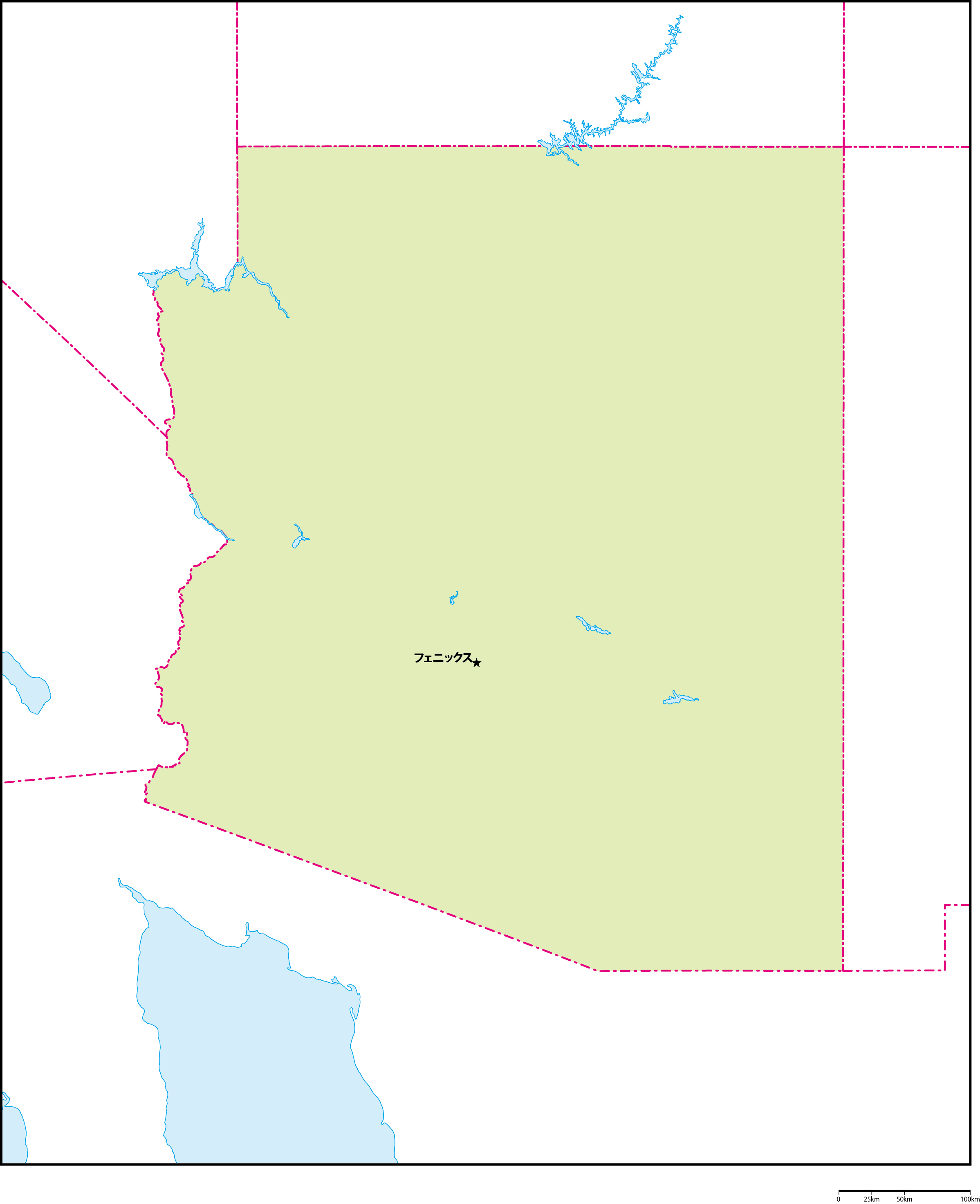 アリゾナ州地図州都あり(日本語)フリーデータの画像