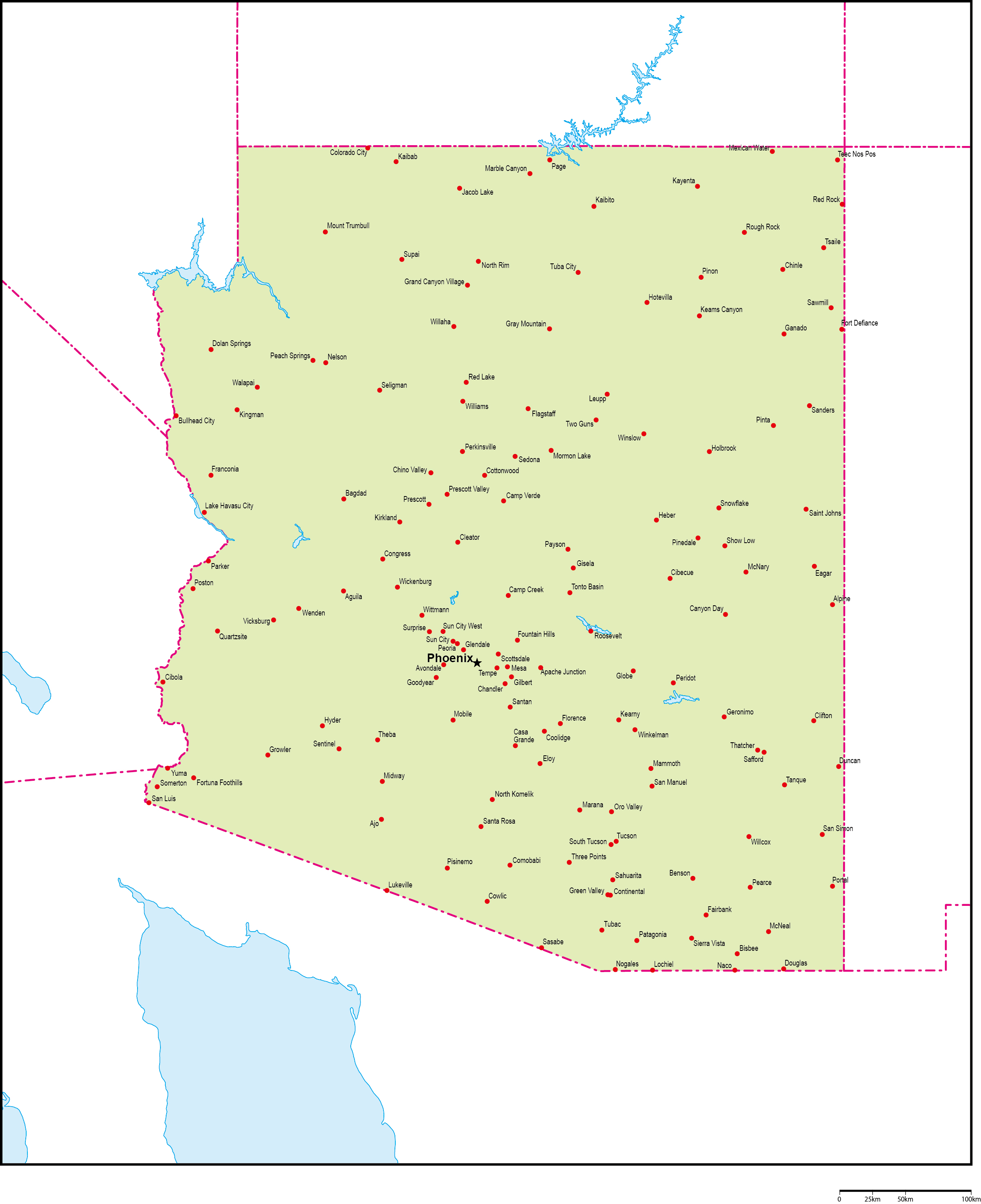 アリゾナ州地図州都・主な都市あり(英語)フリーデータの画像