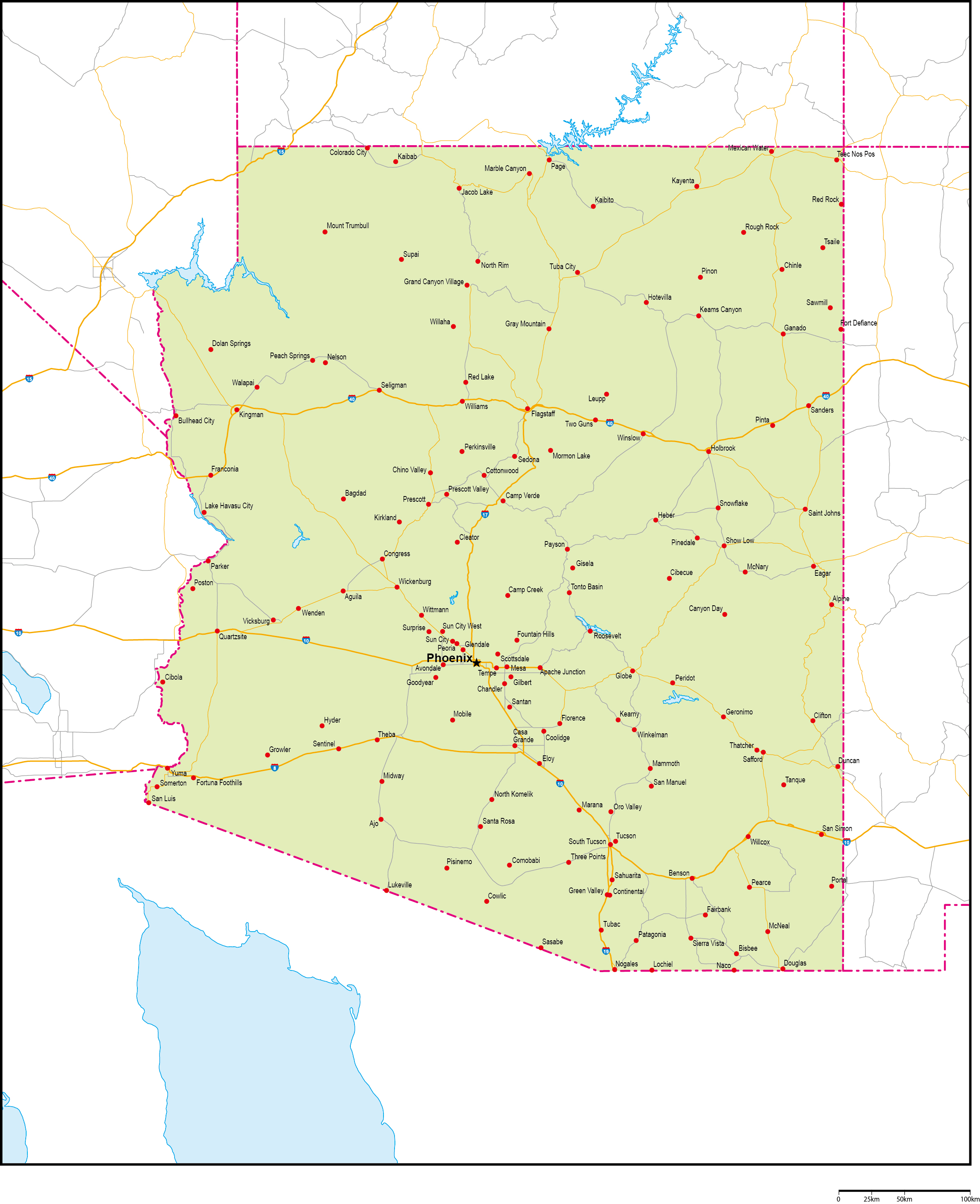 アリゾナ州地図州都・主な都市・道路あり(英語)フリーデータの画像