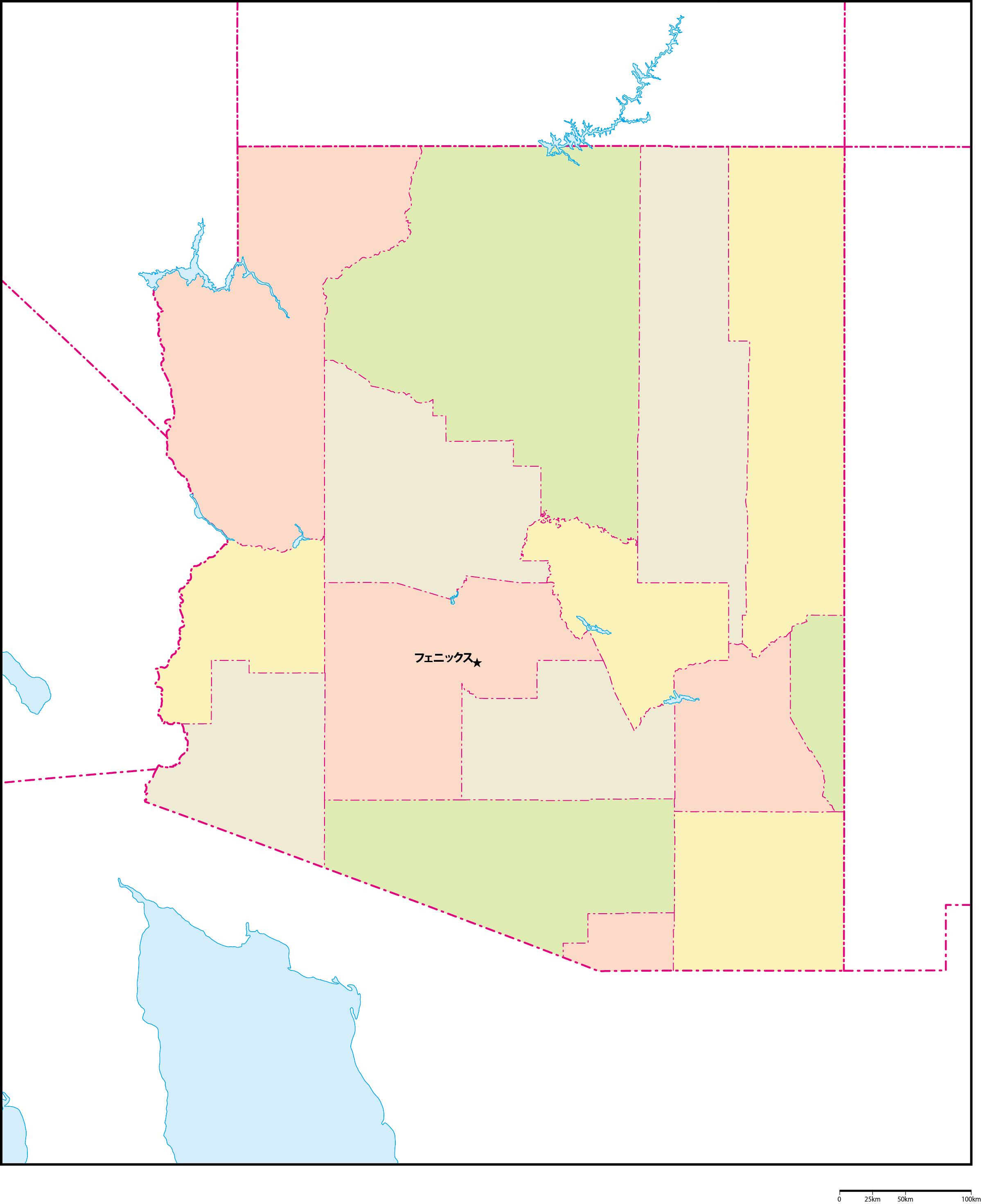 アリゾナ州郡色分け地図州都あり(日本語)フリーデータの画像