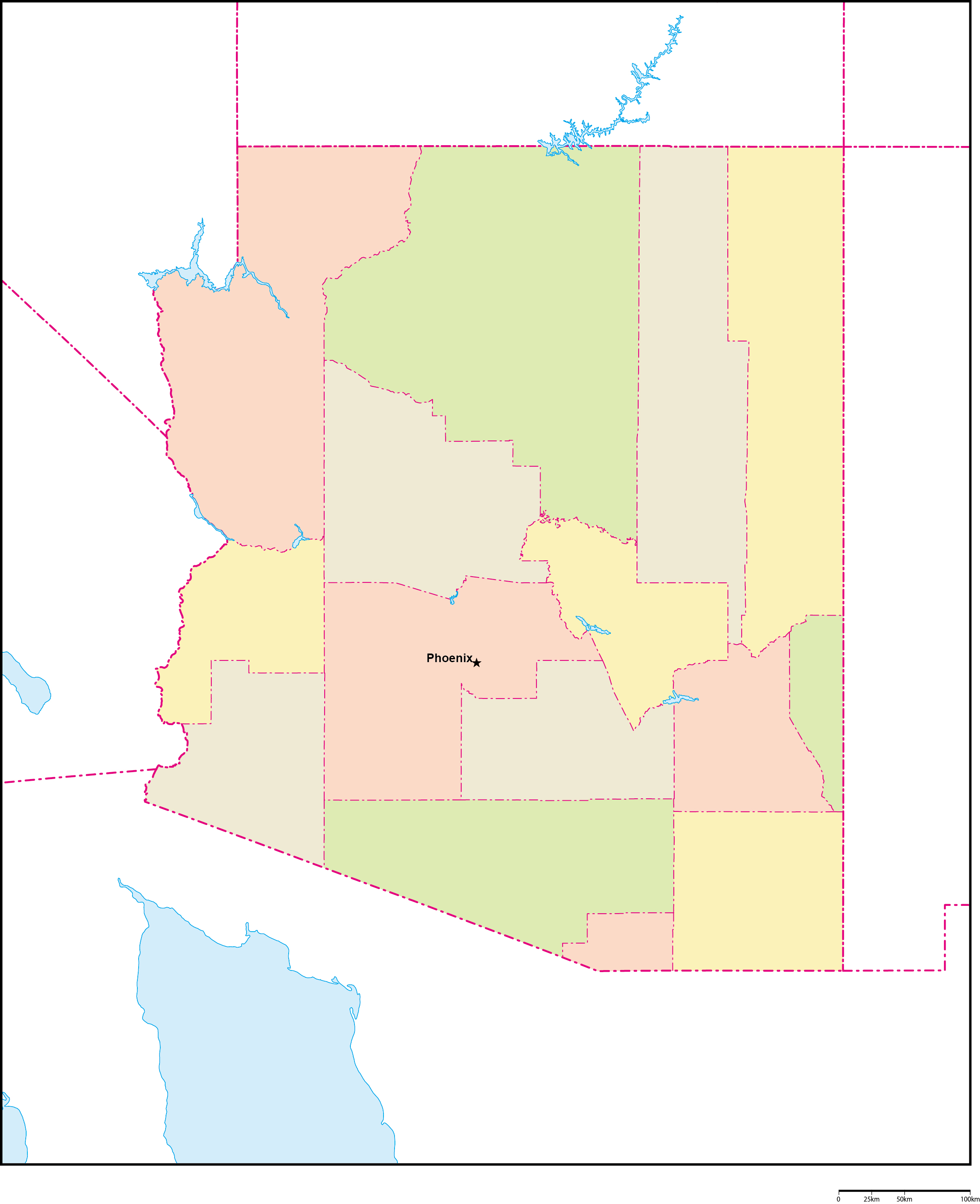 アリゾナ州郡色分け地図州都あり(英語)フリーデータの画像