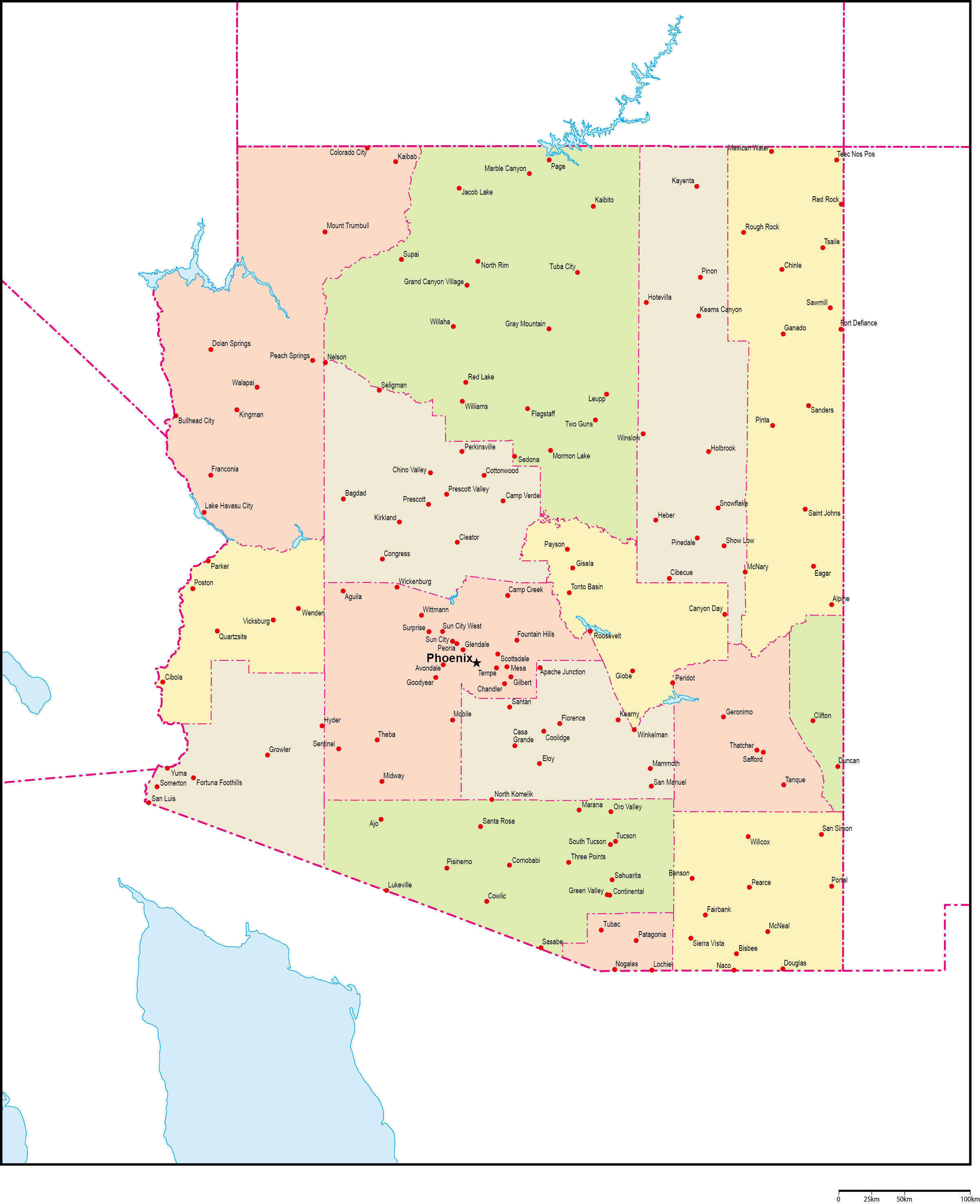 アリゾナ州郡色分け地図州都・主な都市あり(英語)フリーデータの画像
