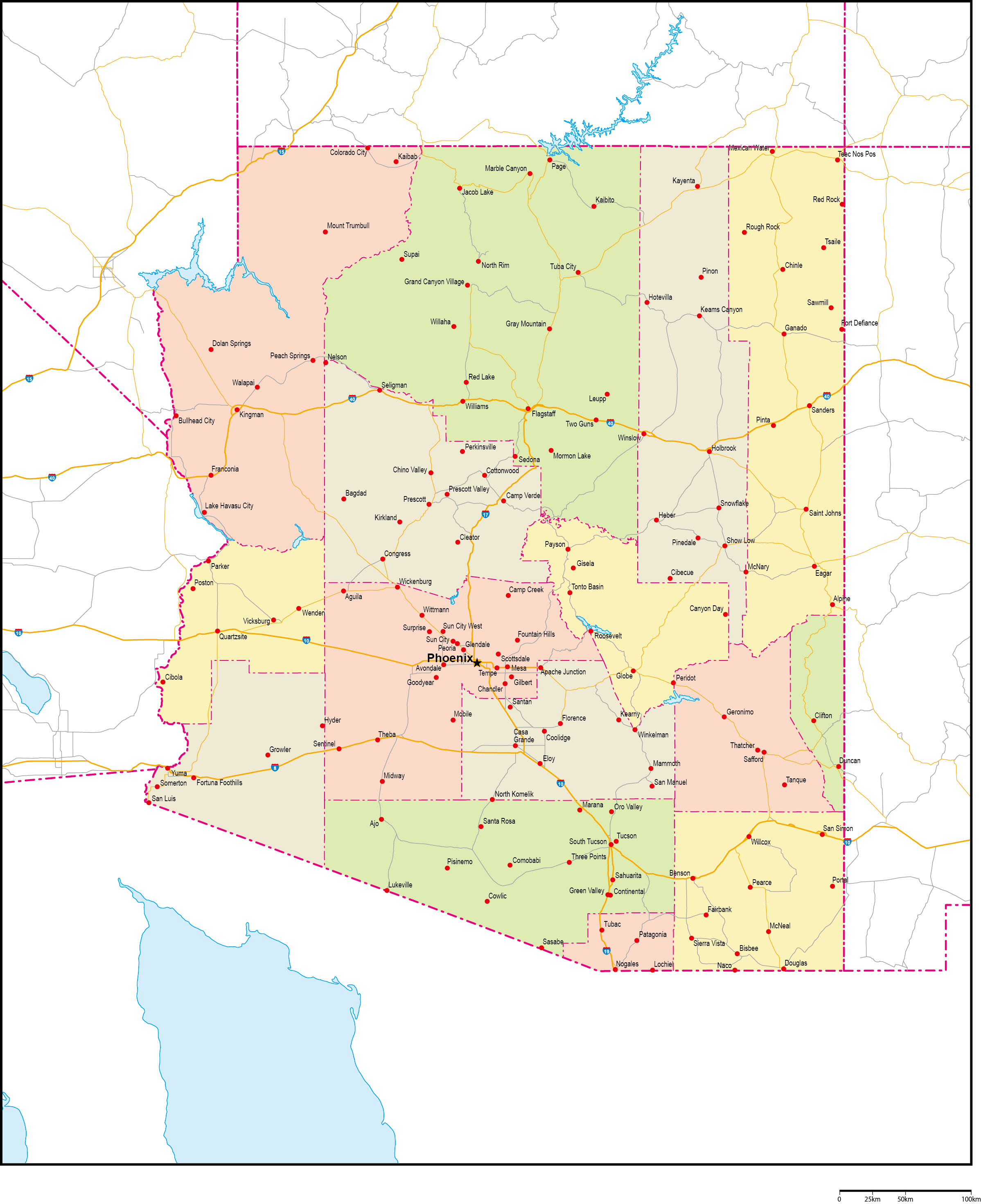 アリゾナ州郡色分け地図州都・主な都市・道路あり(英語)フリーデータの画像