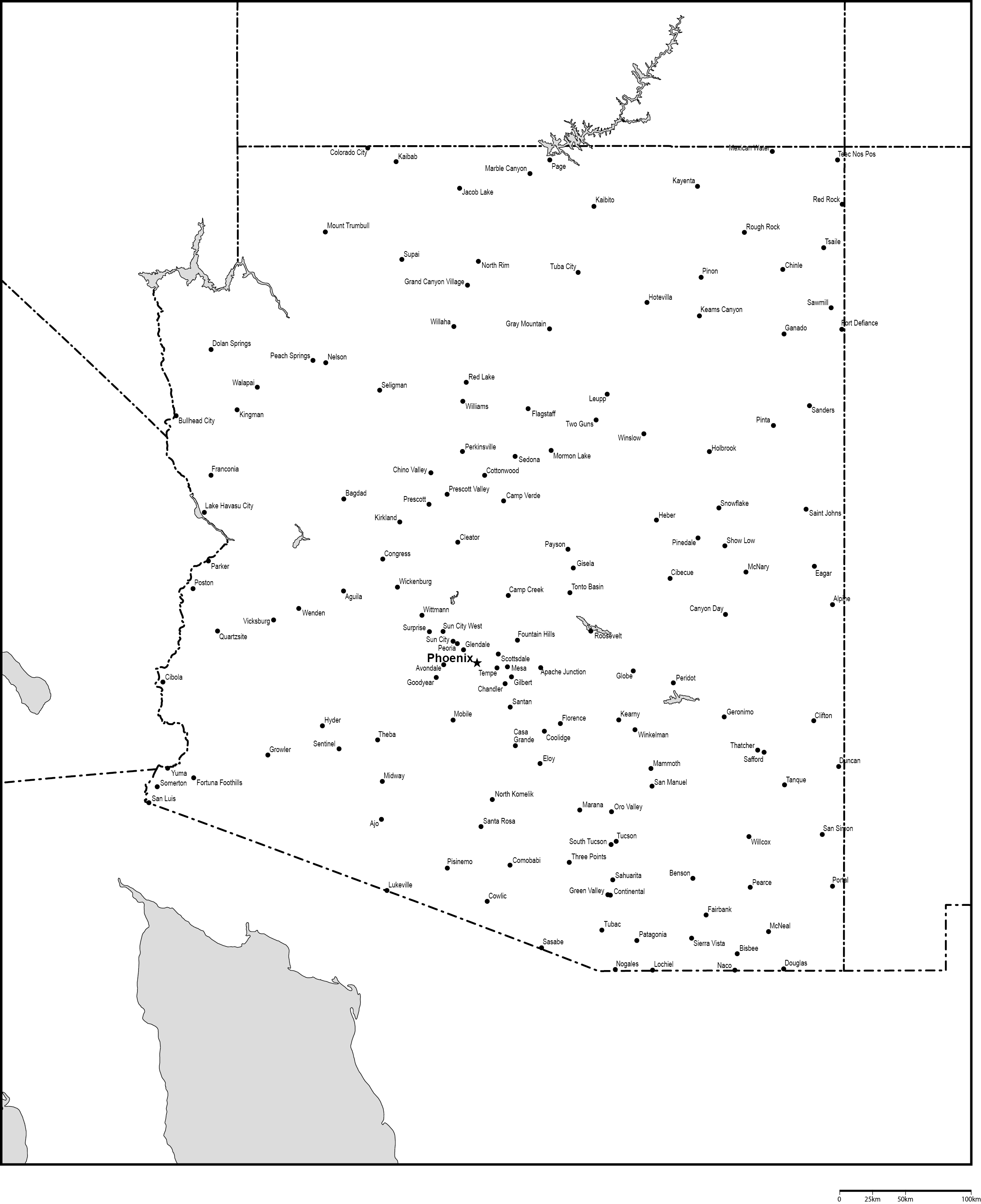アリゾナ州白地図州都・主な都市あり(英語)フリーデータの画像