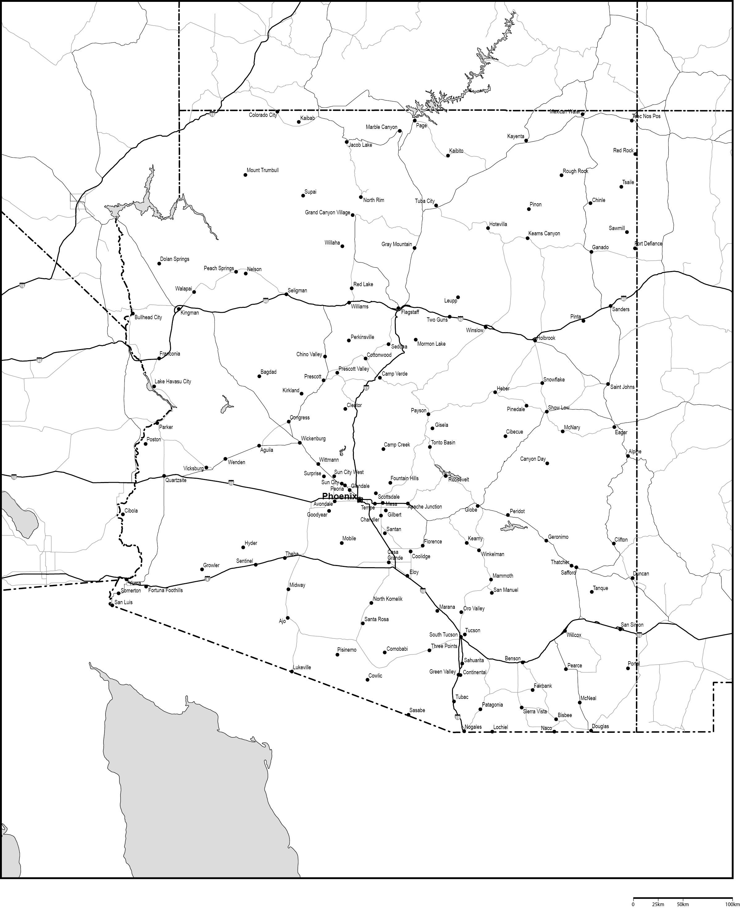 アリゾナ州白地図州都・主な都市・道路あり(英語)フリーデータの画像