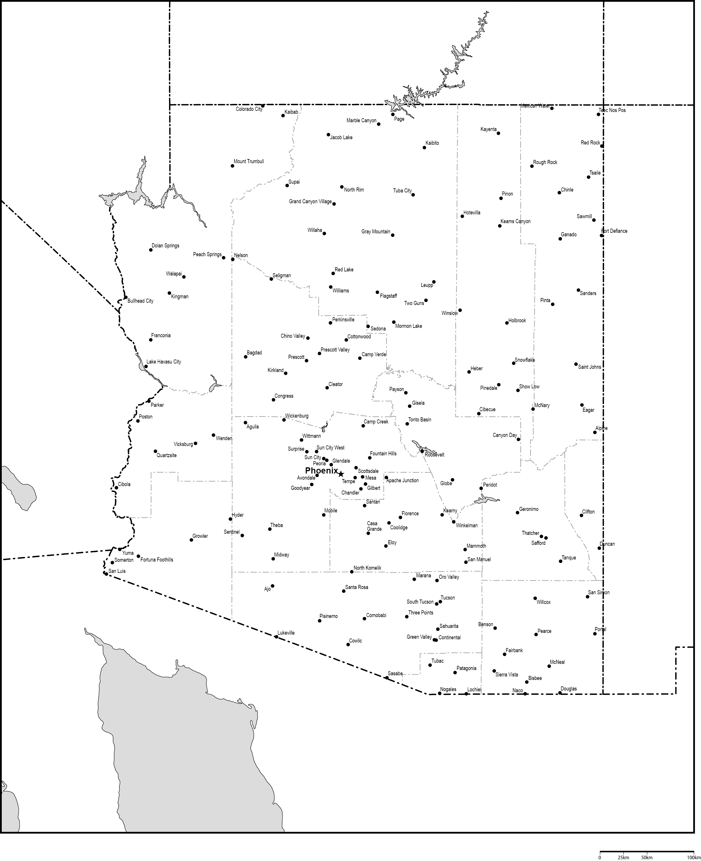 アリゾナ州郡分け白地図州都・主な都市あり(英語)フリーデータの画像