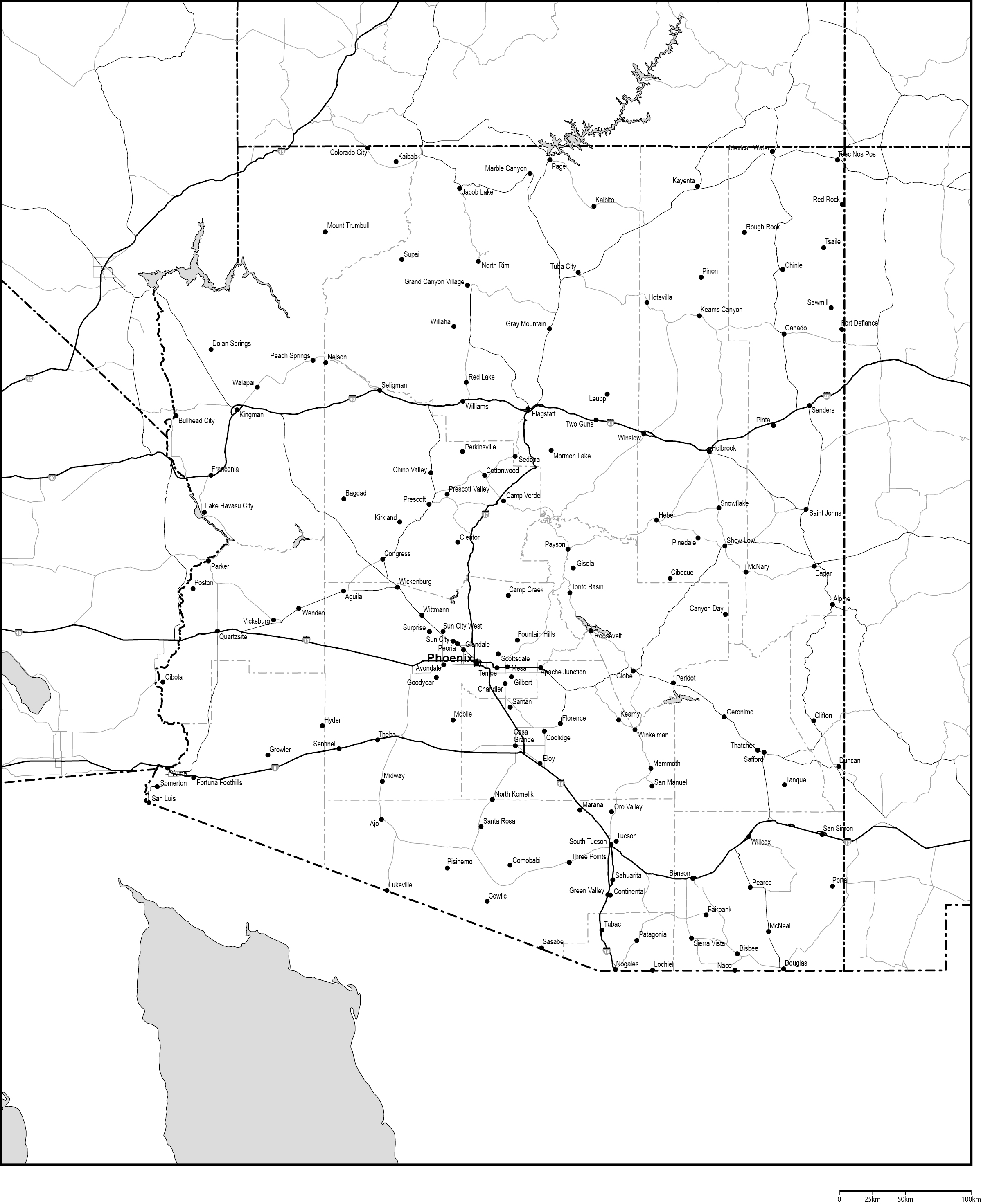 アリゾナ州郡分け白地図州都・主な都市・道路あり(英語)フリーデータの画像