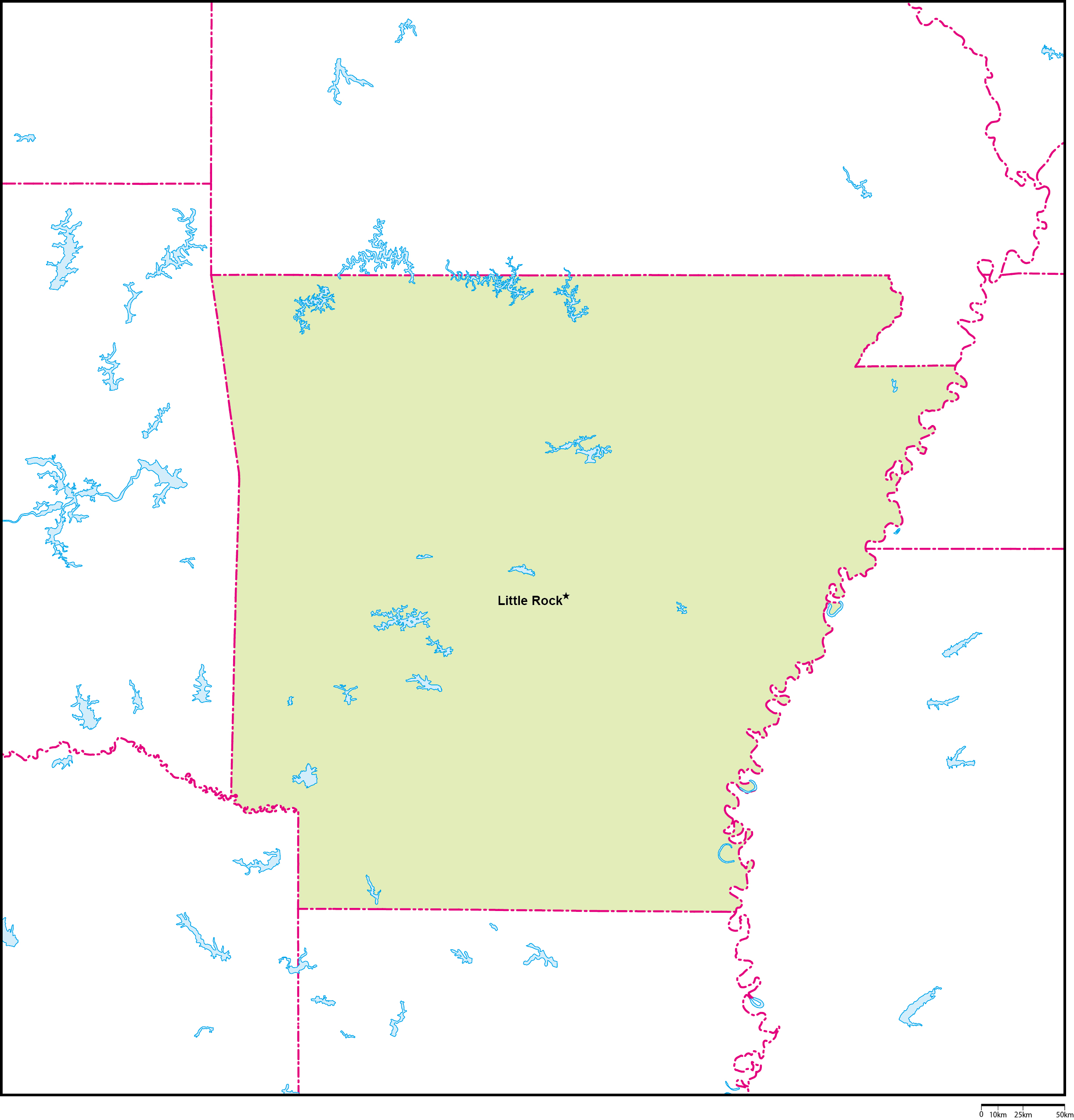 アーカンソー州地図州都あり(英語)フリーデータの画像