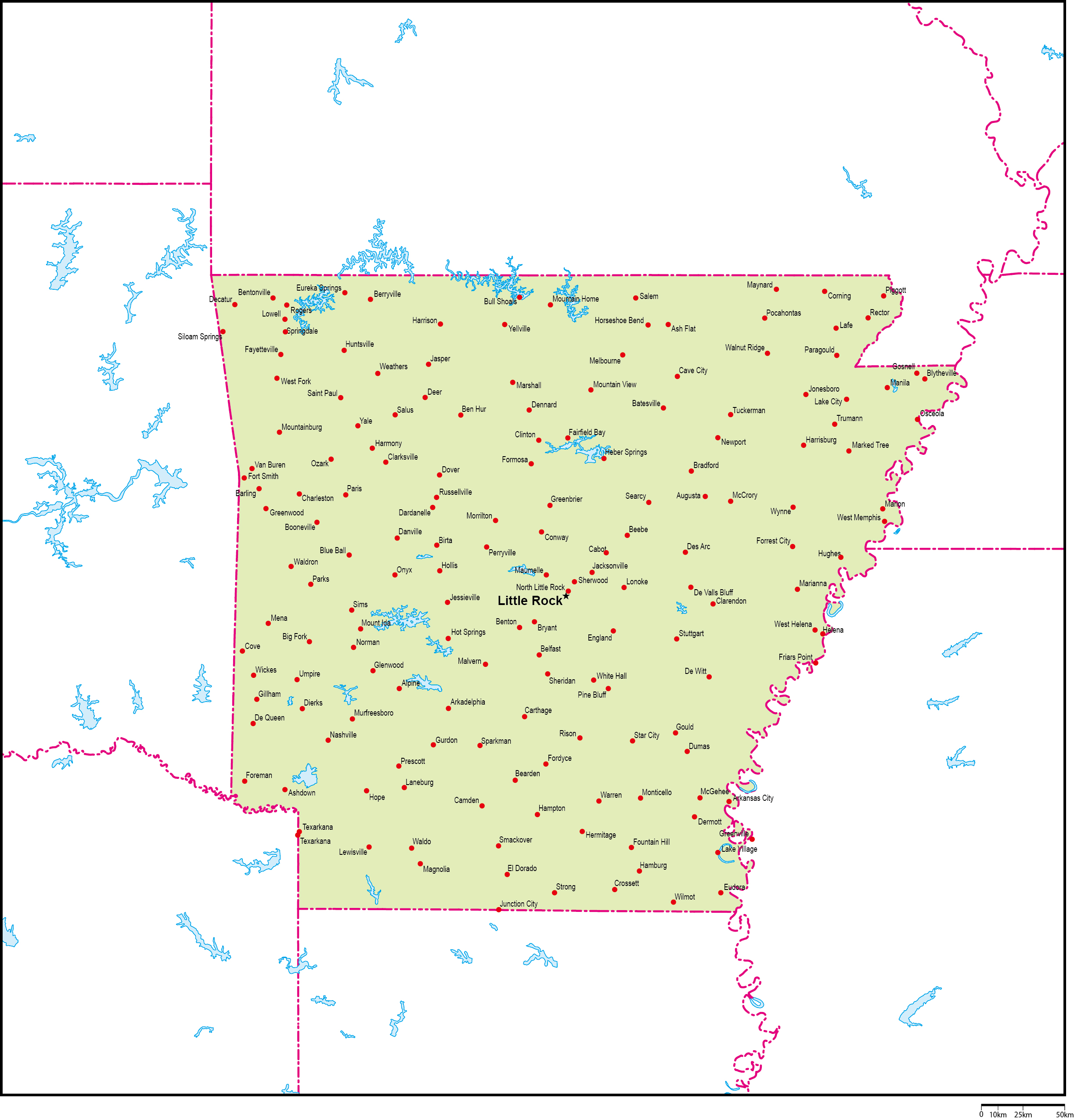 アーカンソー州地図州都・主な都市あり(英語)フリーデータの画像