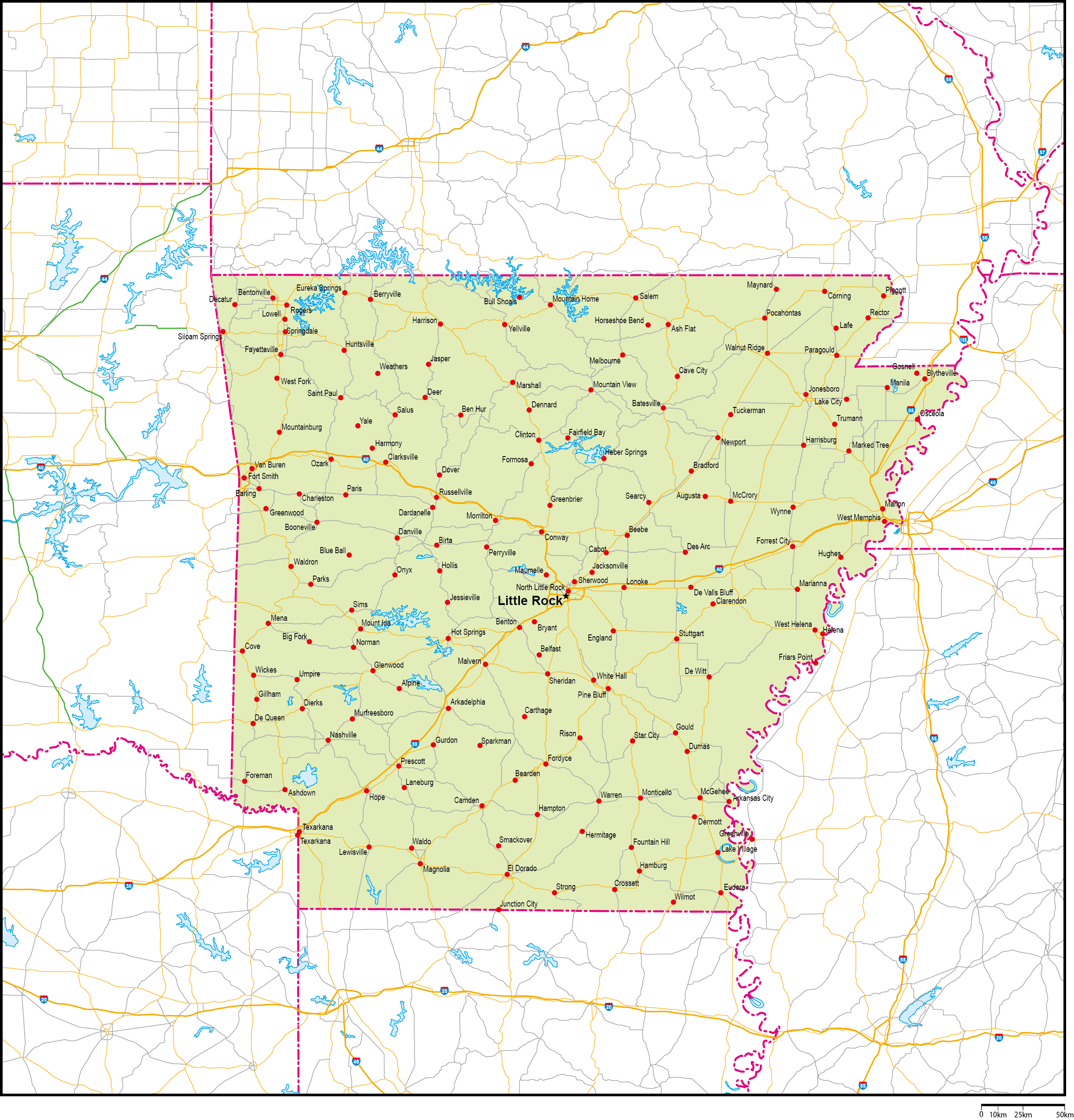 アーカンソー州地図州都・主な都市・道路あり(英語)フリーデータの画像