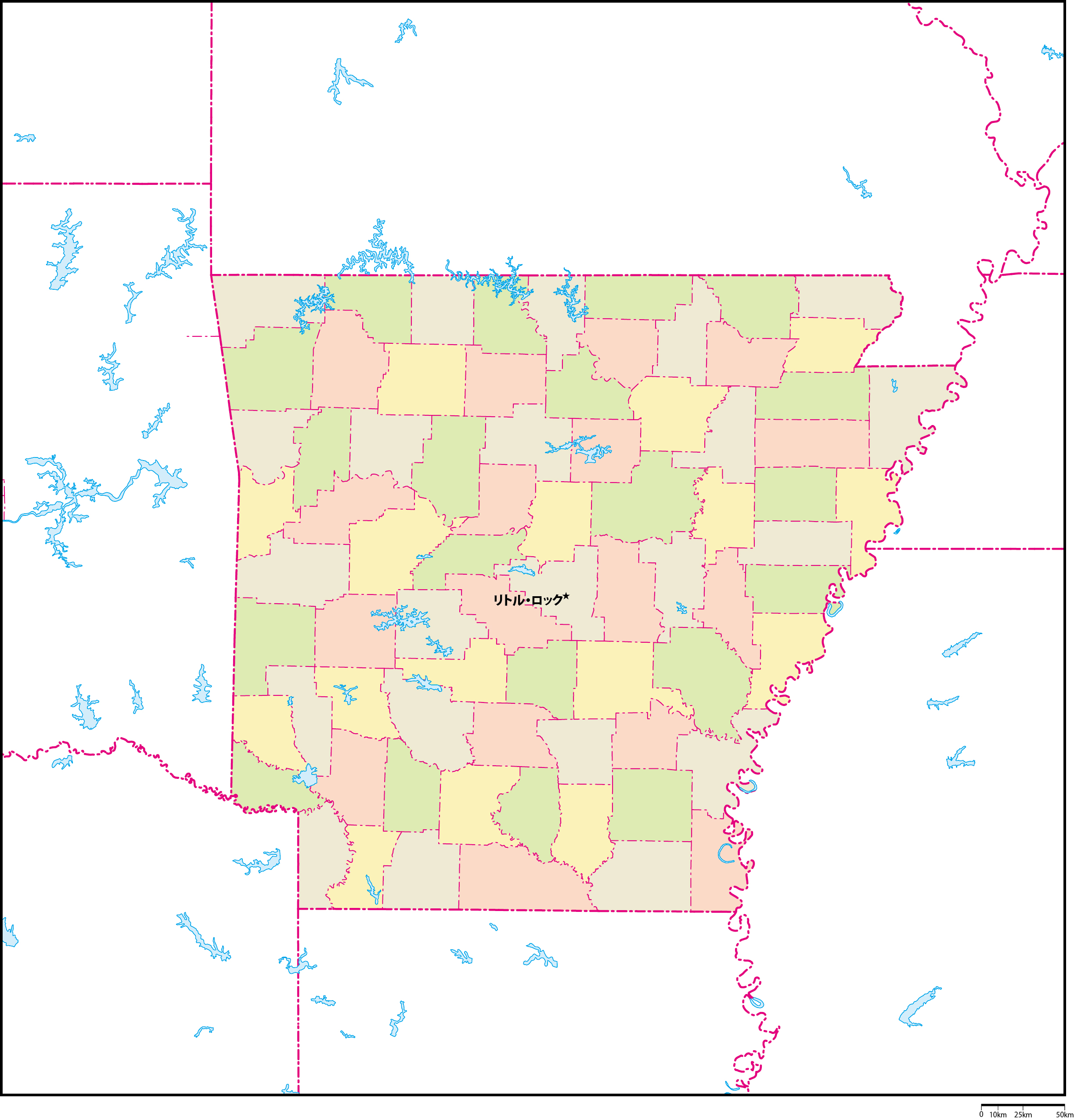 アーカンソー州郡色分け地図州都あり(日本語)フリーデータの画像