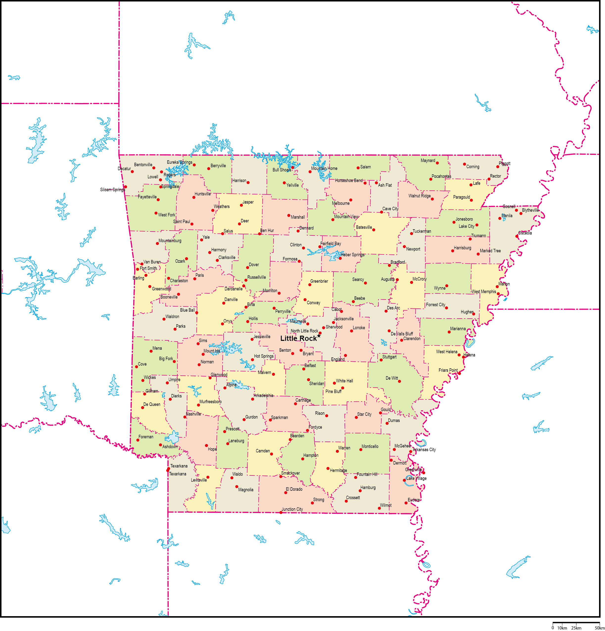 アーカンソー州郡色分け地図州都・主な都市あり(英語)フリーデータの画像