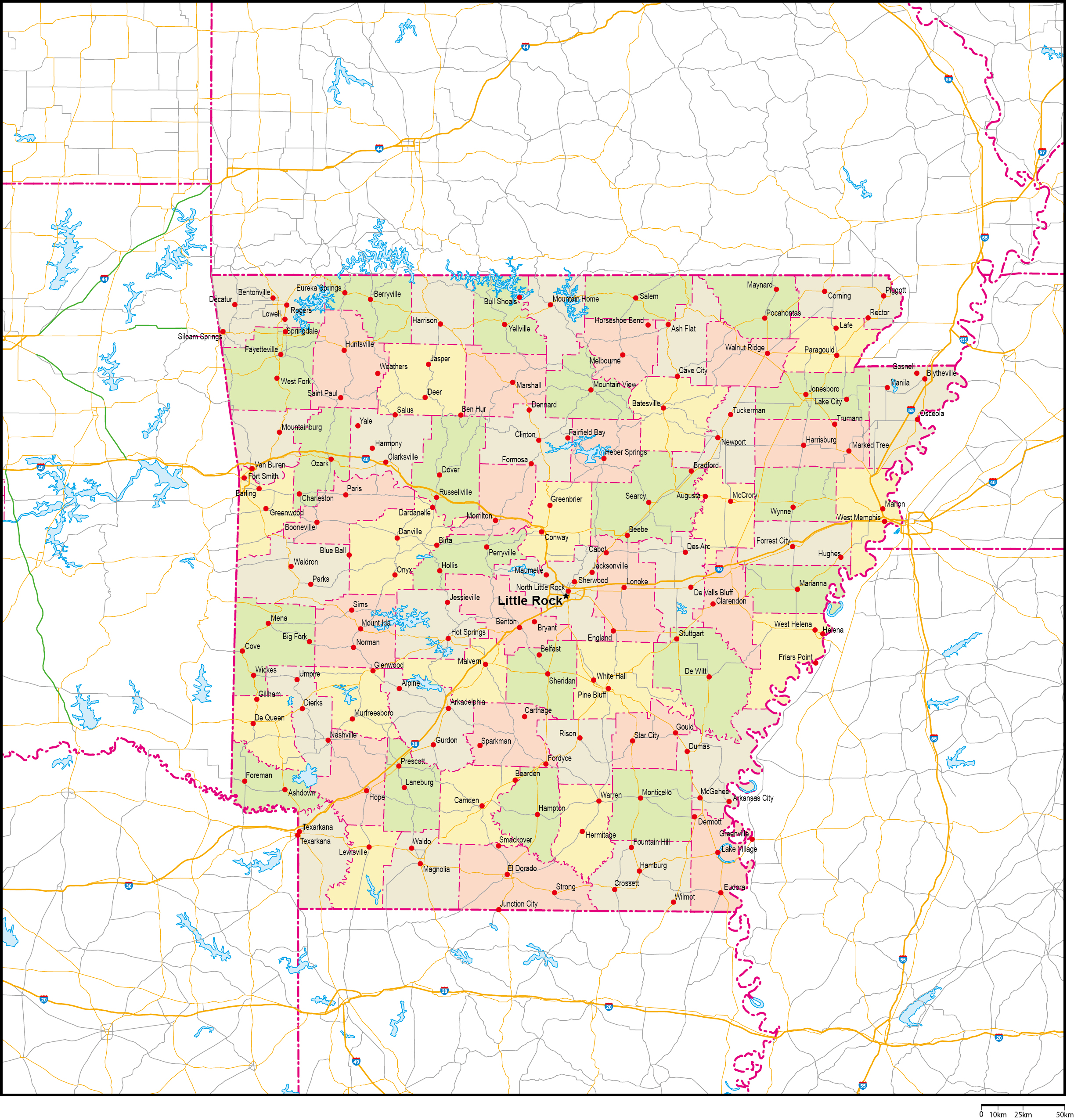 アーカンソー州郡色分け地図州都・主な都市・道路あり(英語)フリーデータの画像