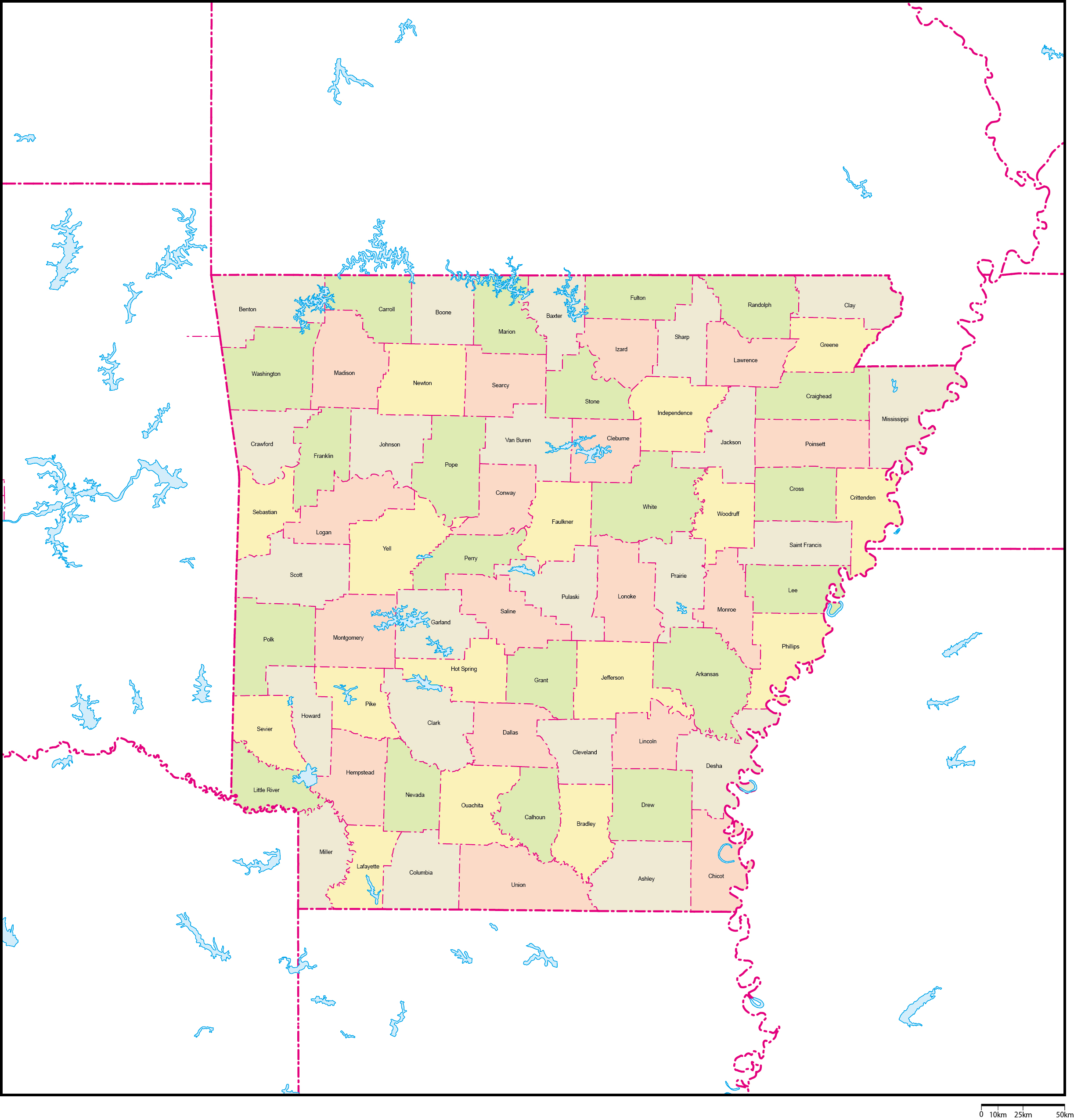 アーカンソー州郡色分け地図郡名あり(英語)フリーデータの画像