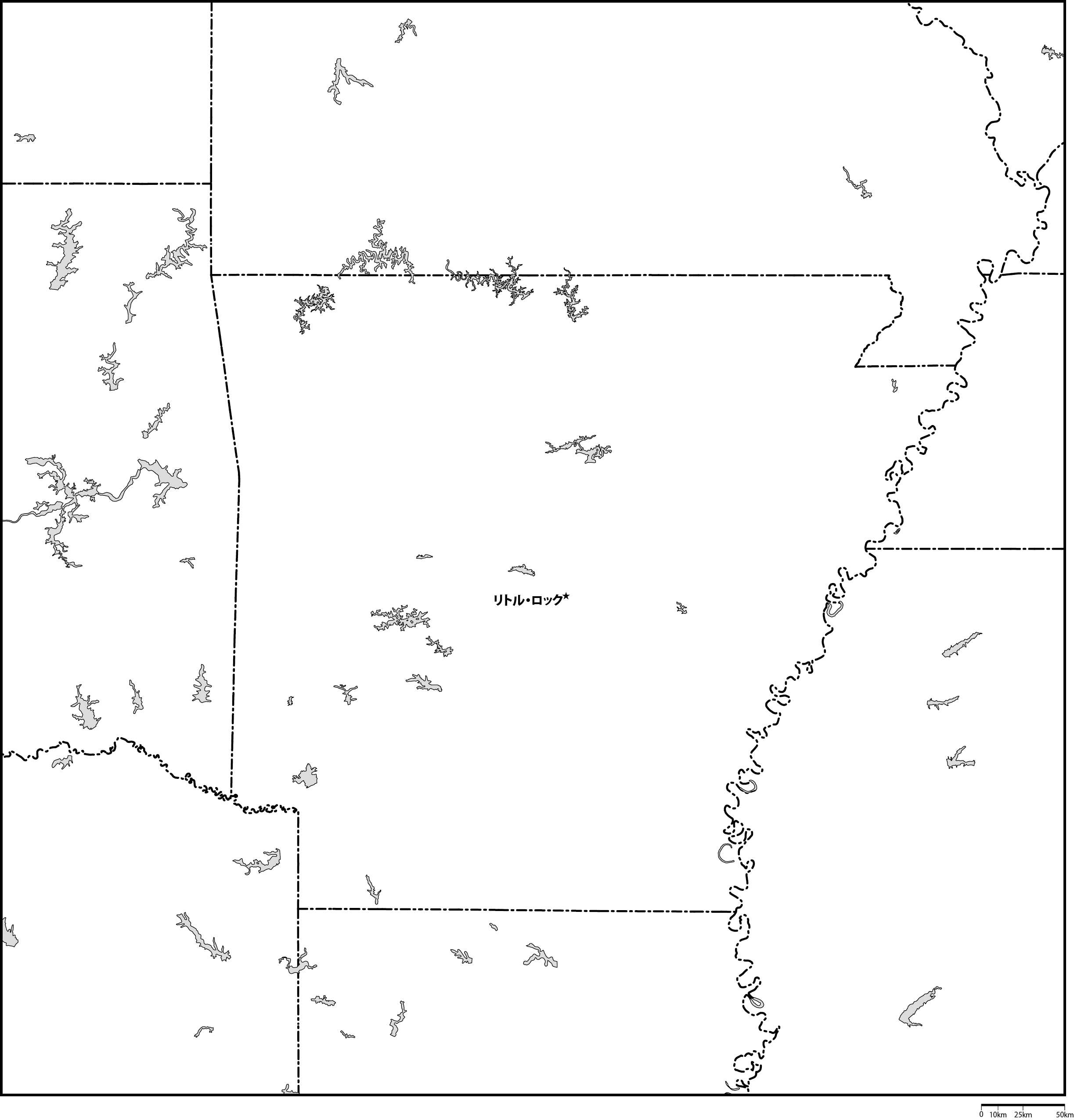 アーカンソー州白地図州都あり(日本語)フリーデータの画像