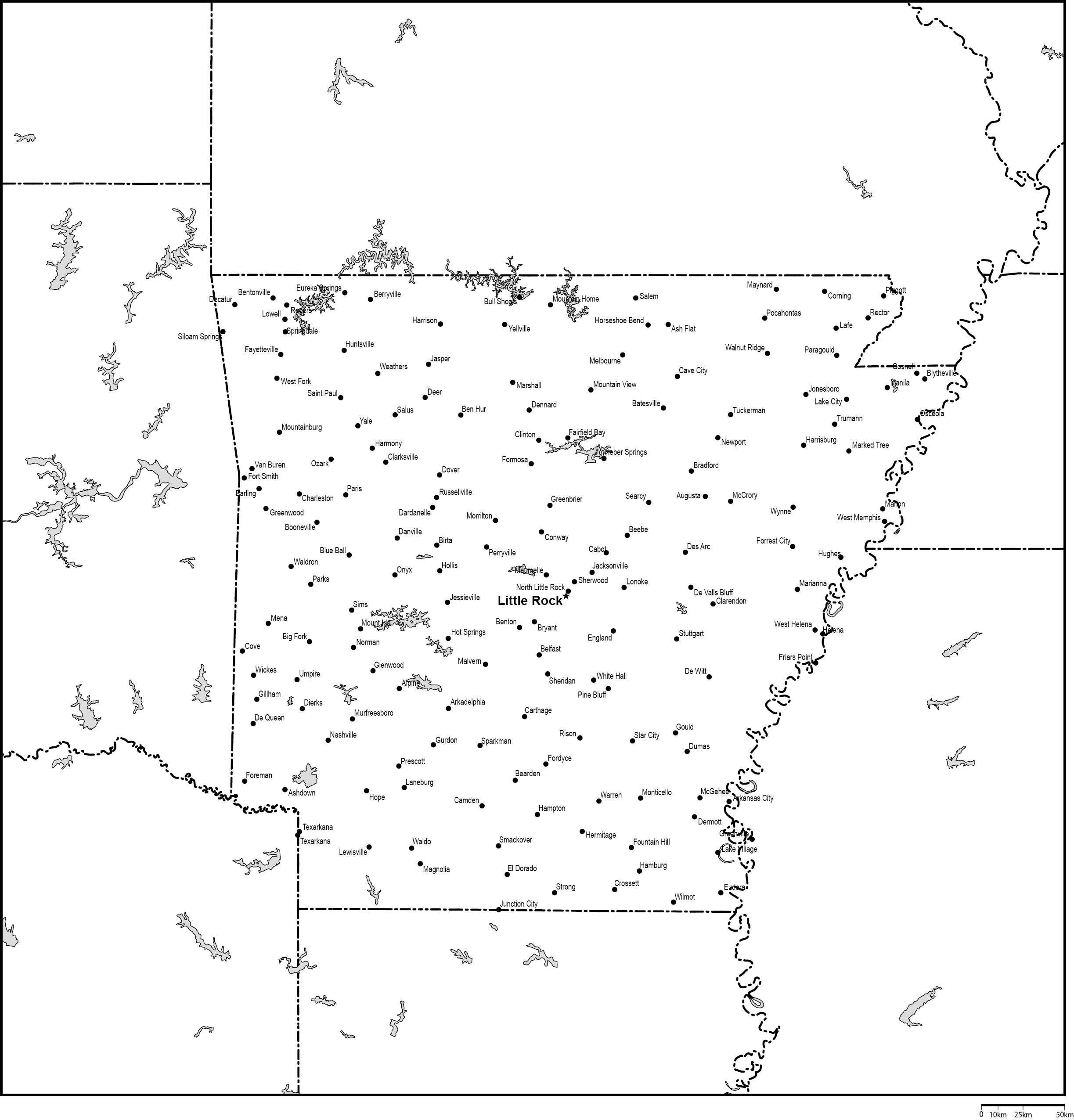 アーカンソー州白地図州都・主な都市あり(英語)フリーデータの画像