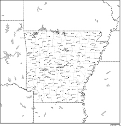アーカンソー州郡分け白地図州都・主な都市あり(英語)