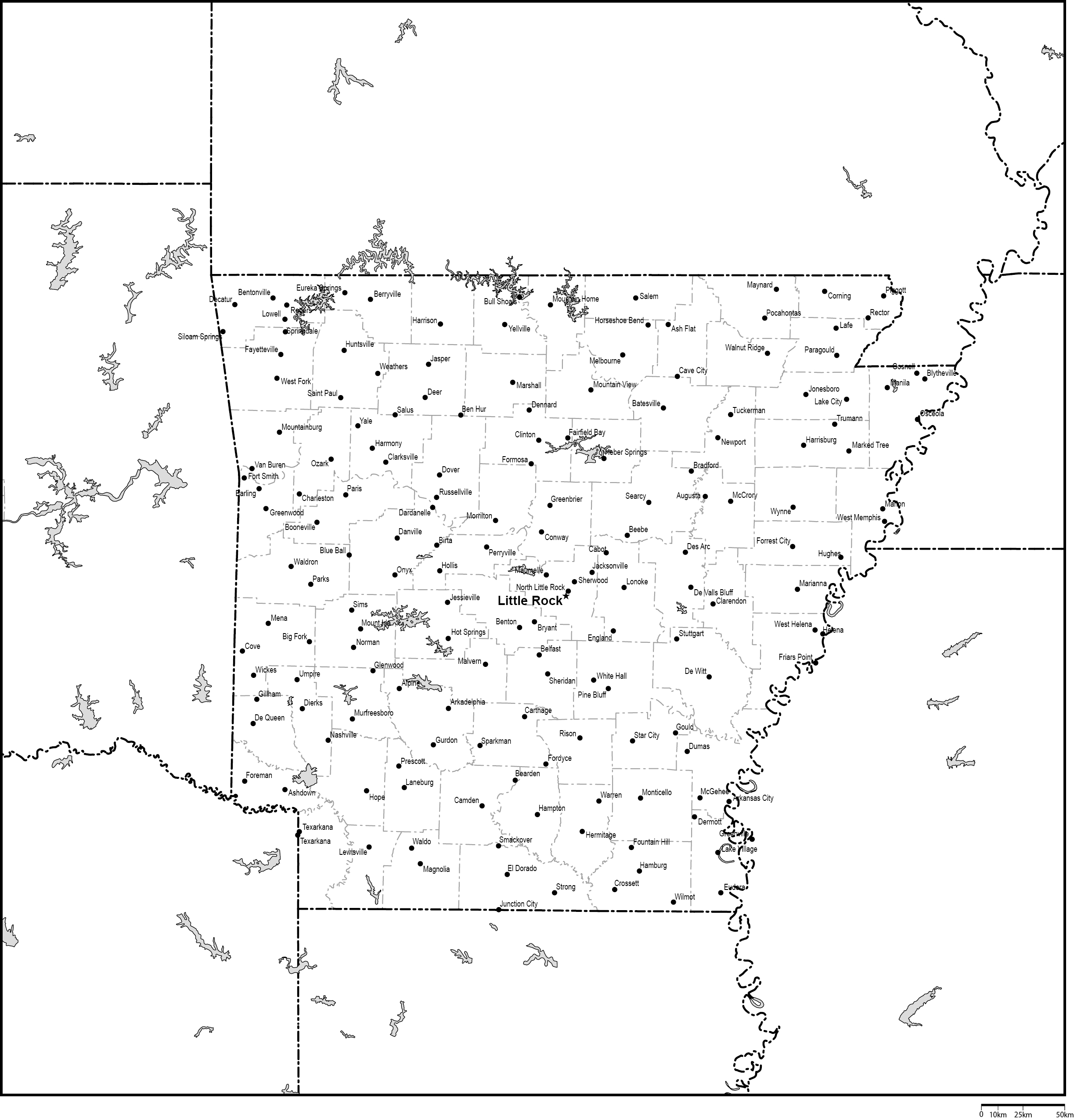 アーカンソー州郡分け白地図州都・主な都市あり(英語)フリーデータの画像