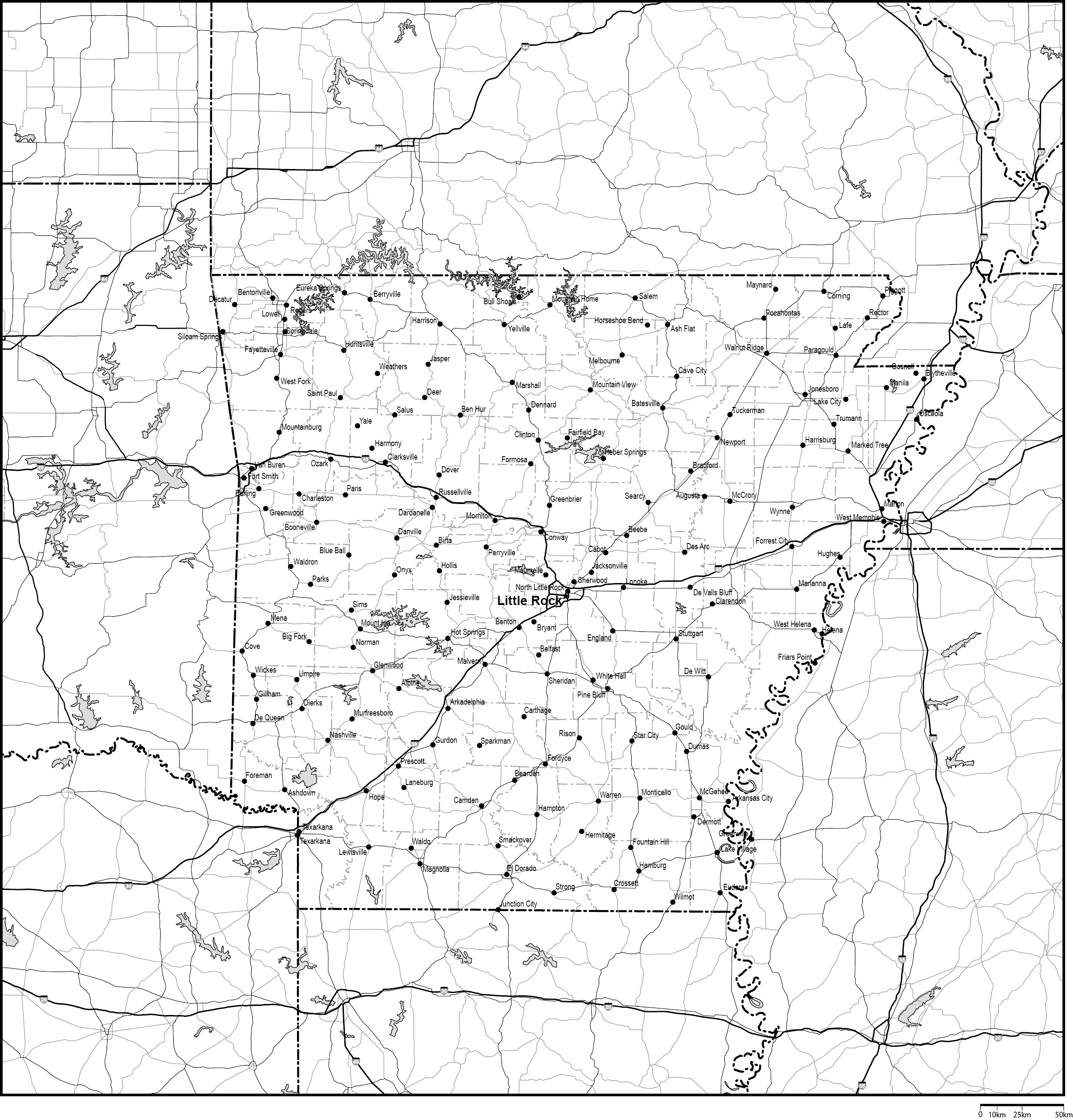 アーカンソー州郡分け白地図州都・主な都市・道路あり(英語)フリーデータの画像