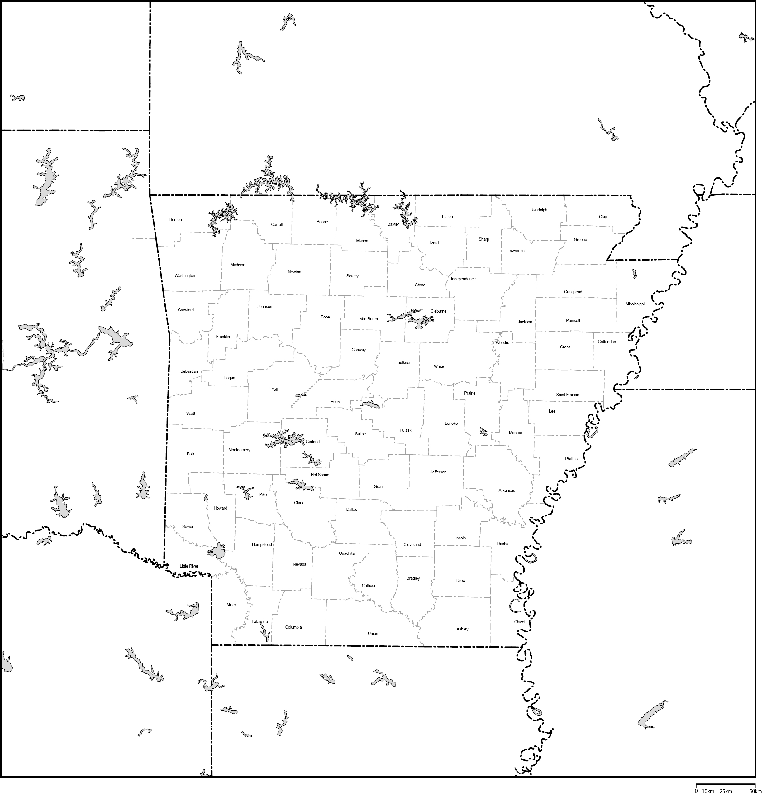 アーカンソー州郡分け白地図郡名あり(英語)フリーデータの画像