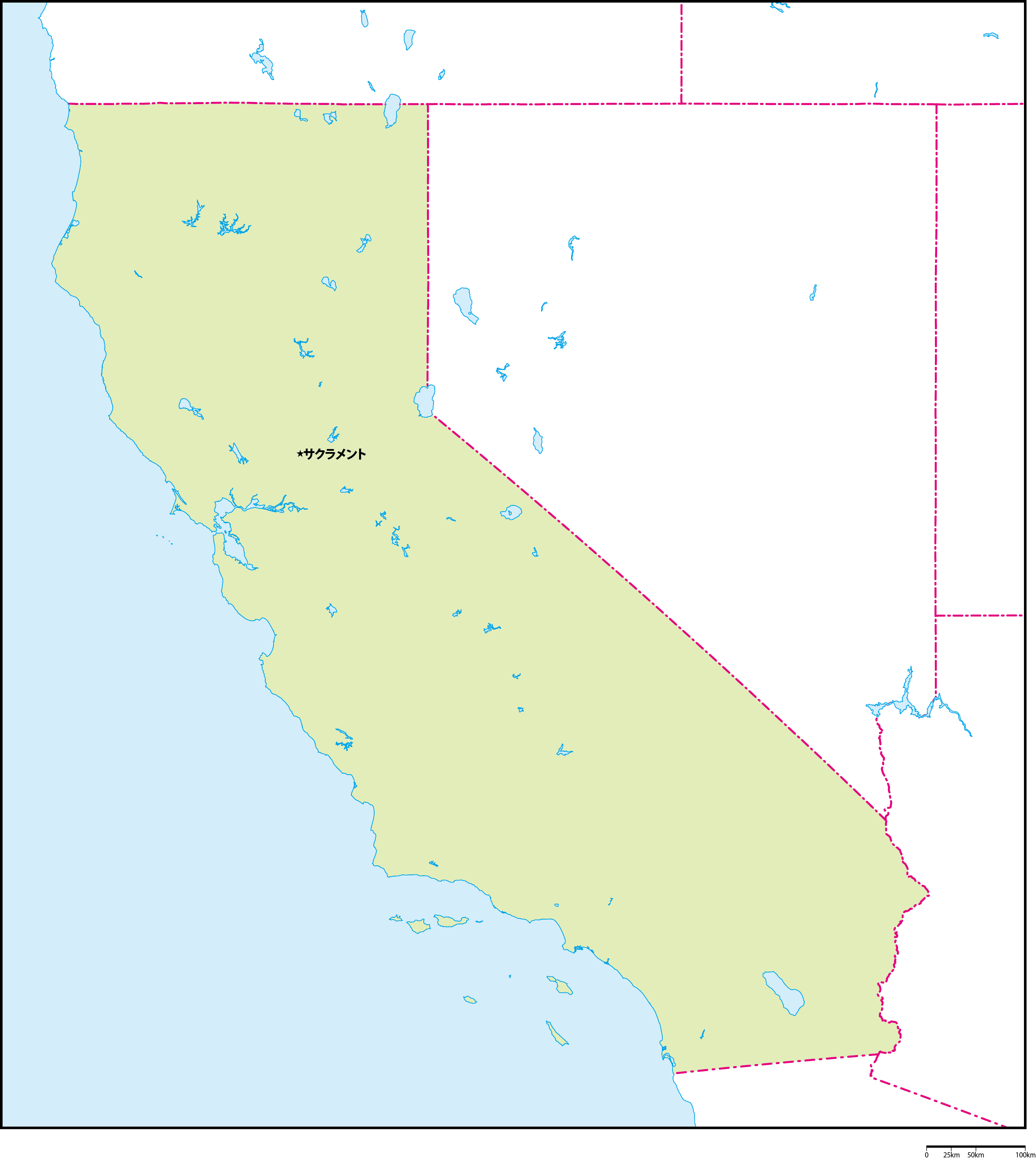 カリフォルニア州地図州都あり(日本語)フリーデータの画像