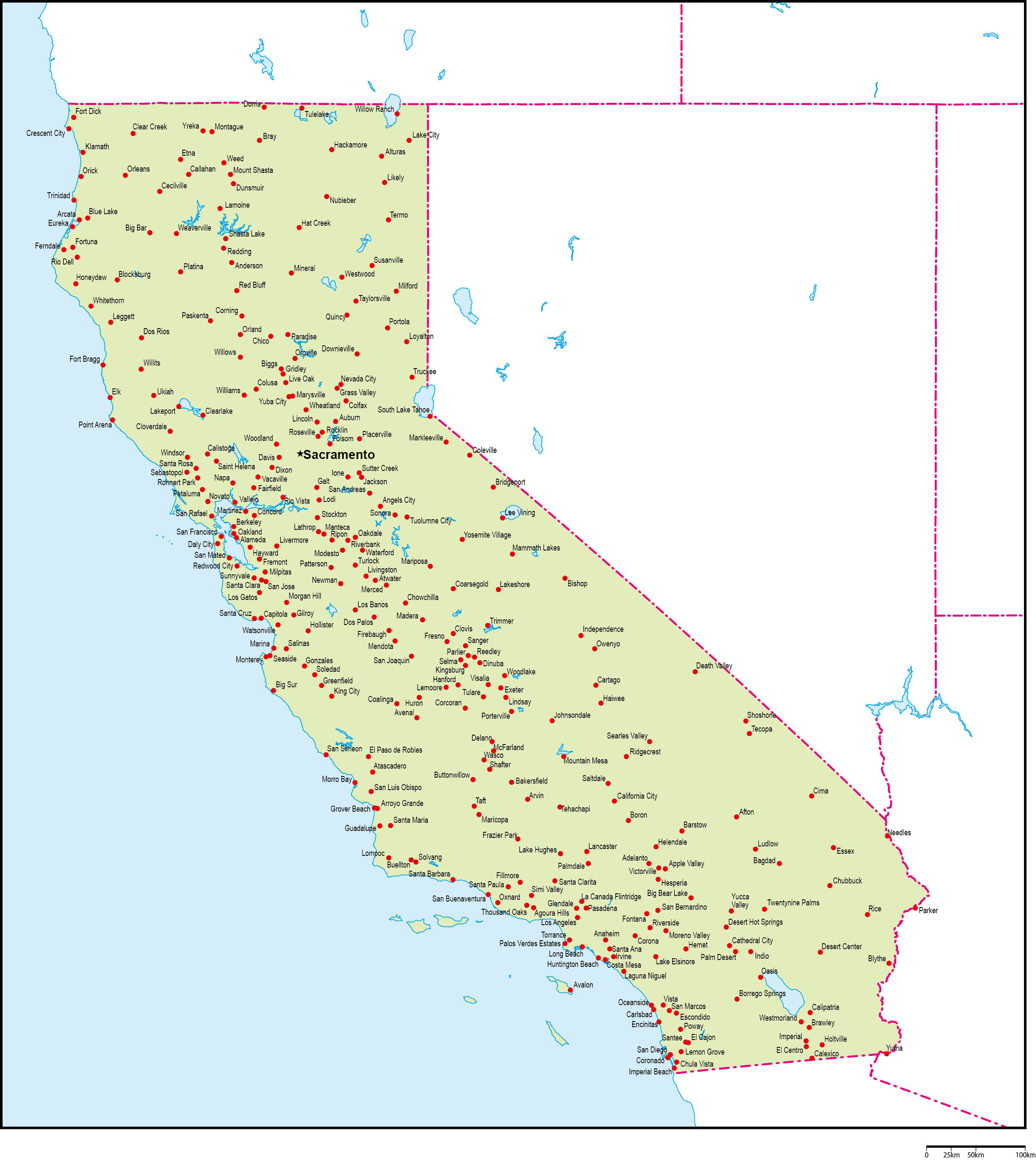 カリフォルニア州地図州都・主な都市あり(英語)フリーデータの画像