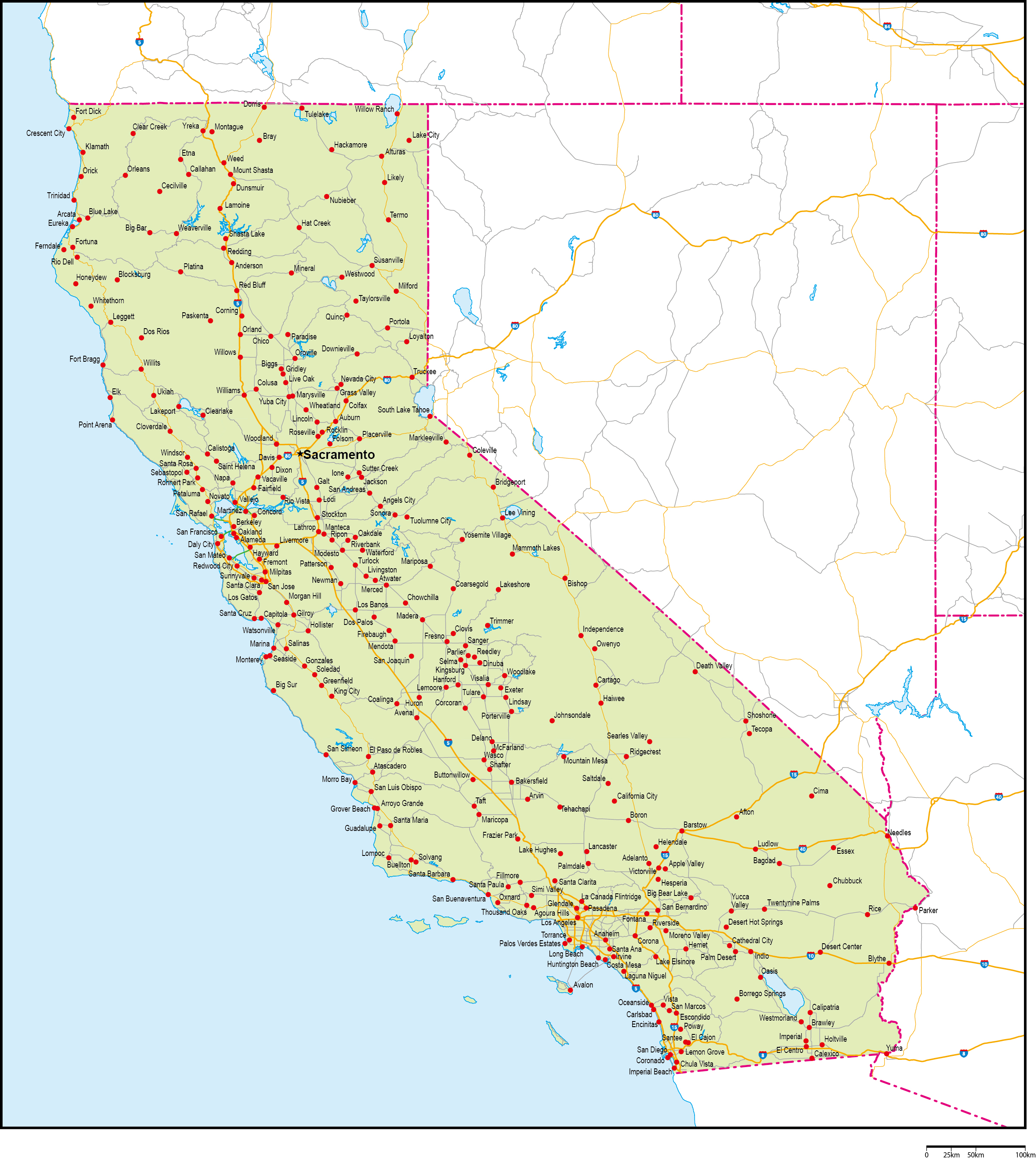 カリフォルニア州地図州都・主な都市・道路あり(英語)フリーデータの画像