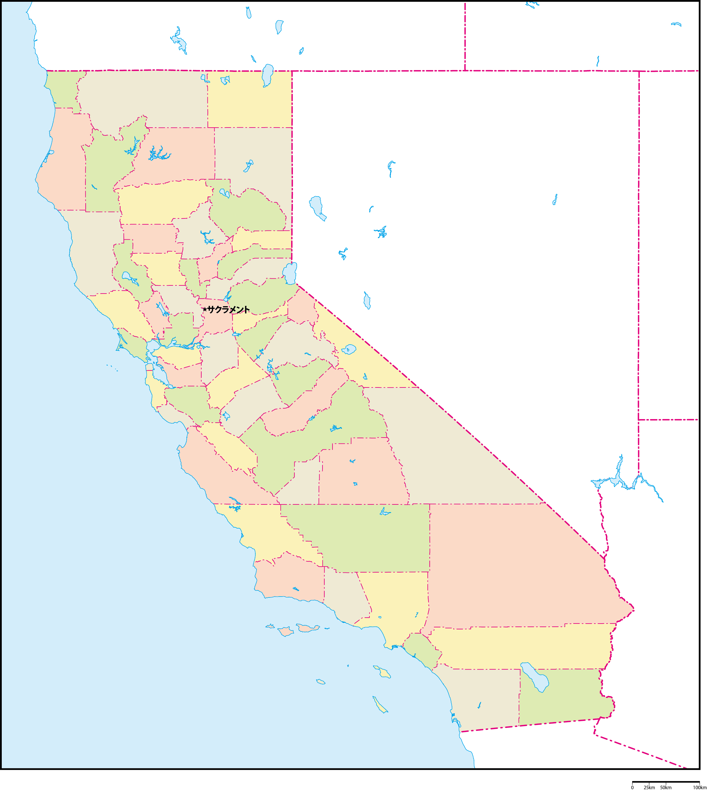 カリフォルニア州郡色分け地図州都あり(日本語)フリーデータの画像