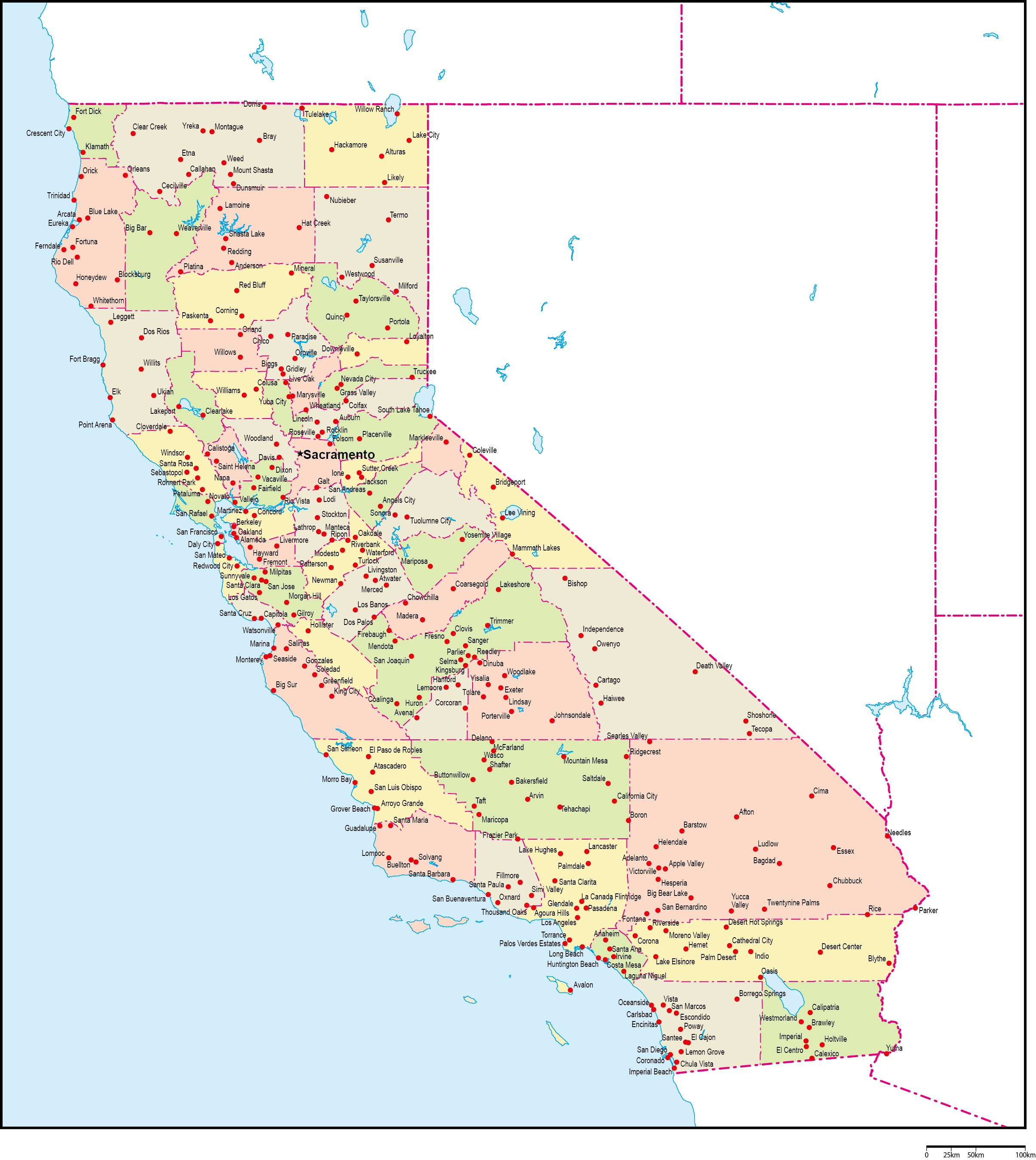 カリフォルニア州郡色分け地図州都・主な都市あり(英語)フリーデータの画像