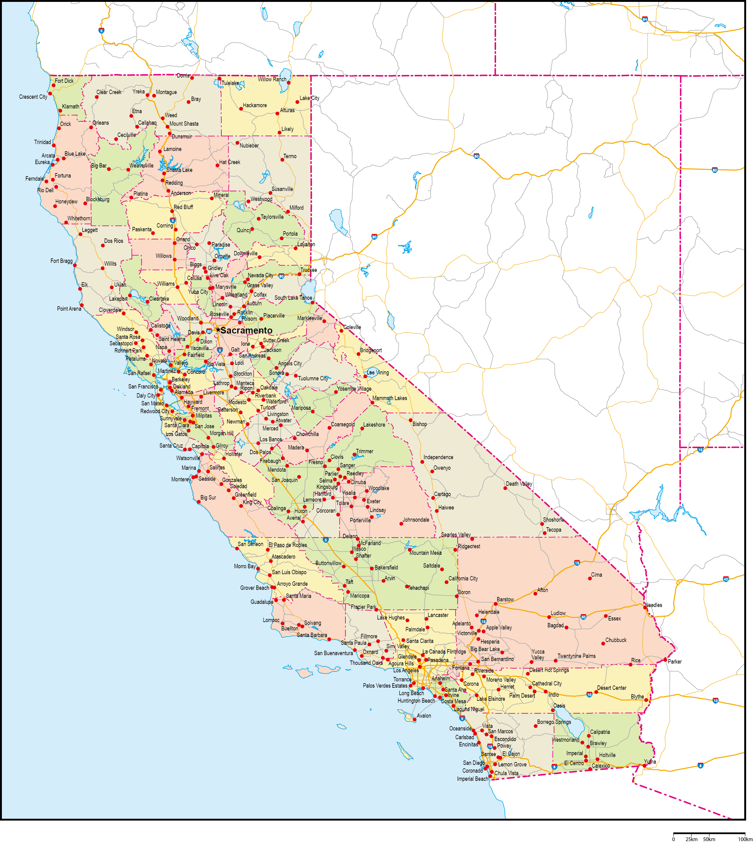 カリフォルニア州郡色分け地図州都・主な都市・道路あり(英語)フリーデータの画像