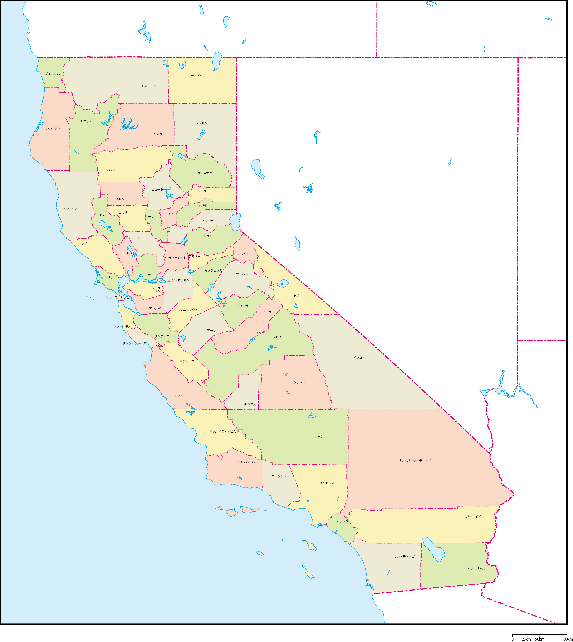 カリフォルニア州郡色分け地図郡名あり(日本語)フリーデータの画像