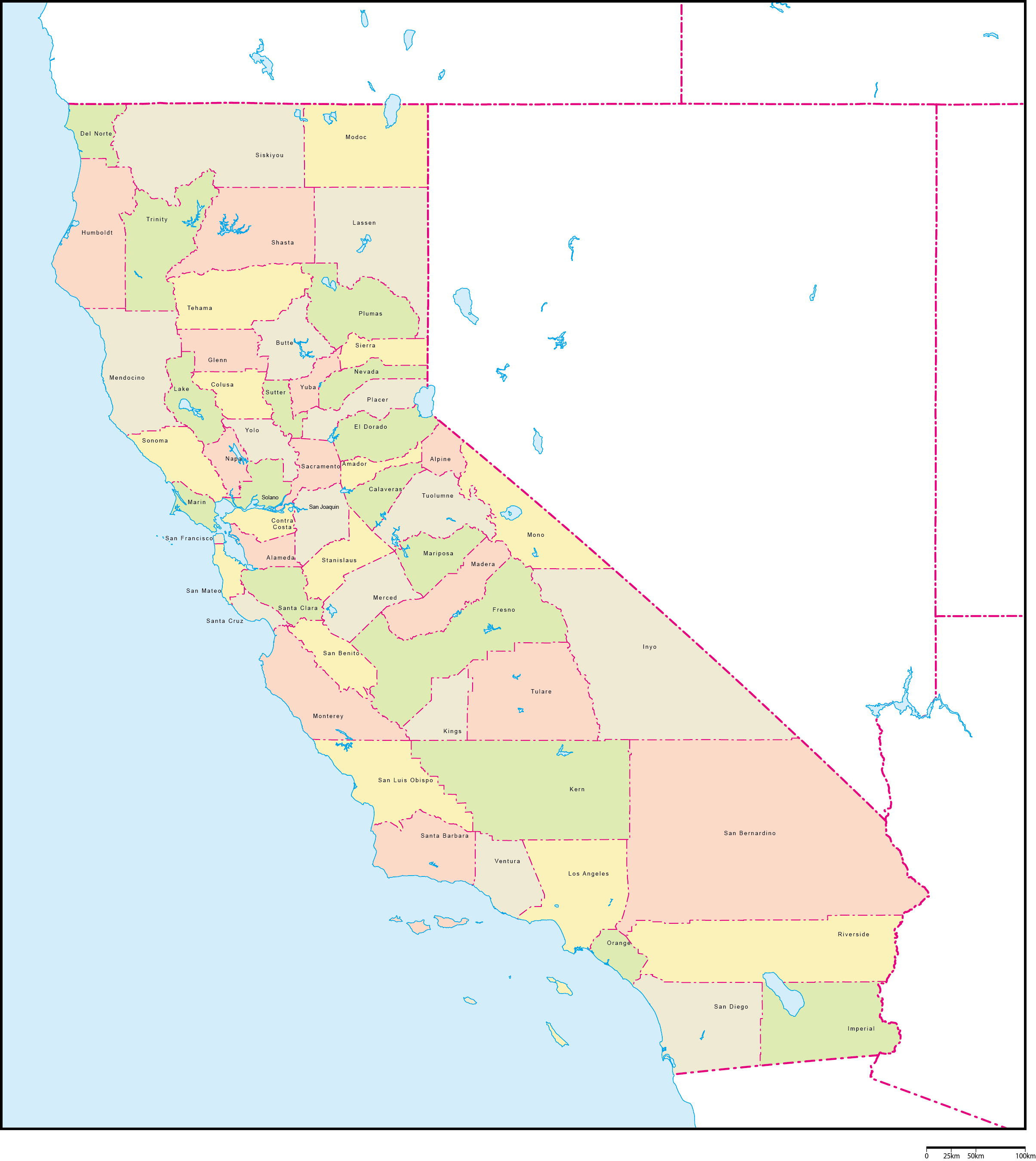 カリフォルニア州郡色分け地図郡名あり(英語)フリーデータの画像