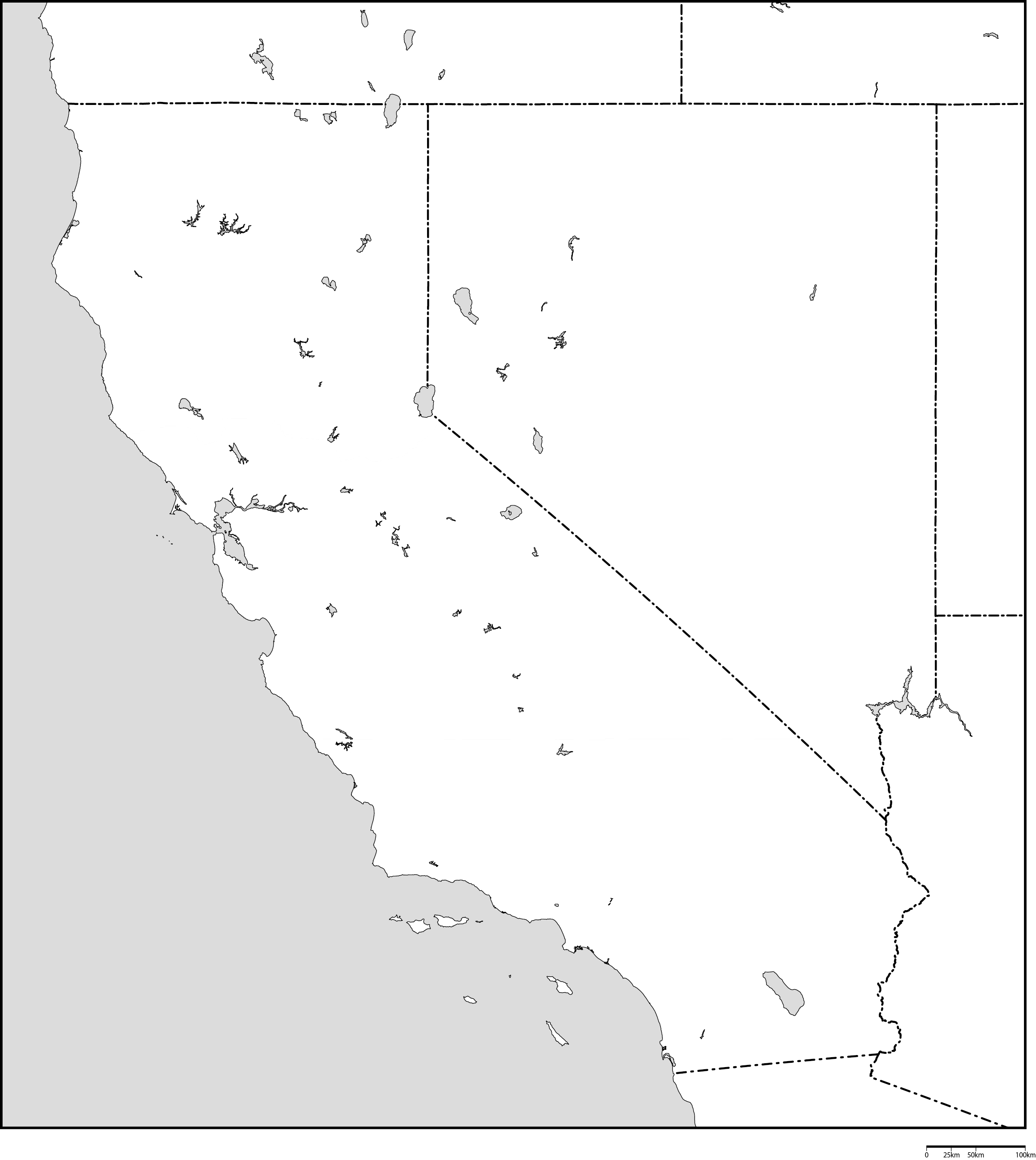 カリフォルニア州白地図フリーデータの画像