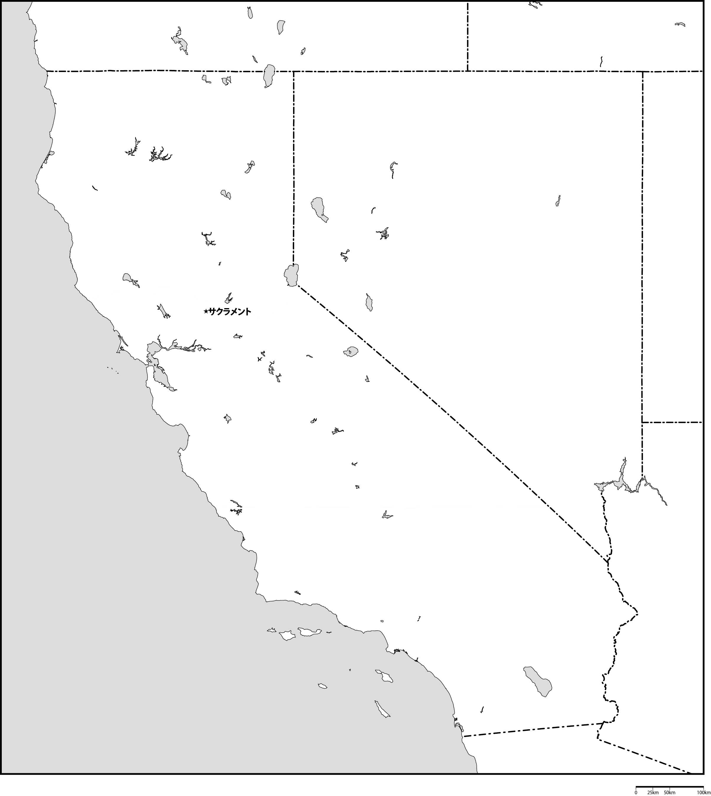 カリフォルニア州白地図州都あり(日本語)フリーデータの画像