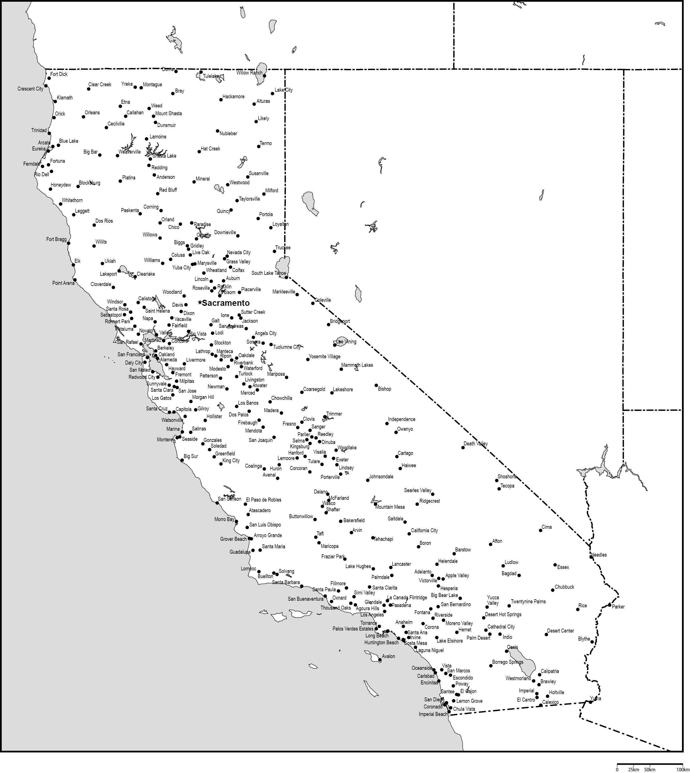 カリフォルニア州白地図州都・主な都市あり(英語)フリーデータの画像