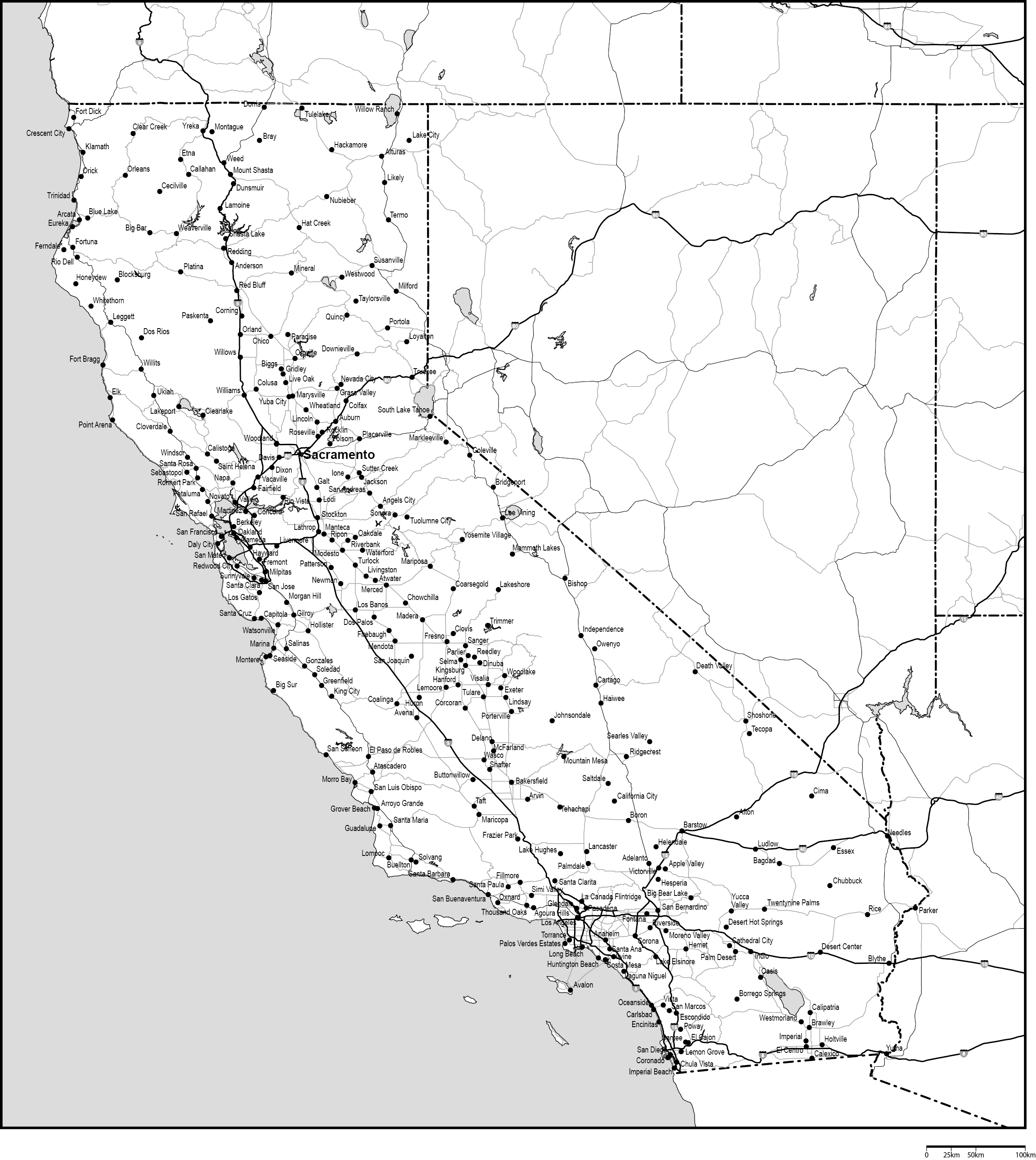 カリフォルニア州白地図州都・主な都市・道路あり(英語)フリーデータの画像